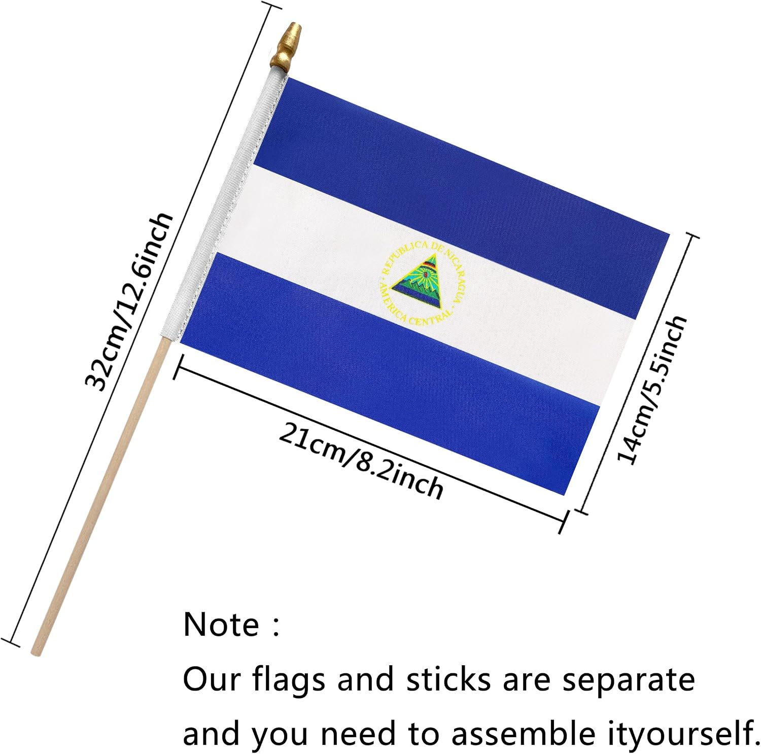 TSMD Nicaragua Stick Flag Nicaraguan Small Mini Hand Held Flags,5x8 Inch,12 Pack