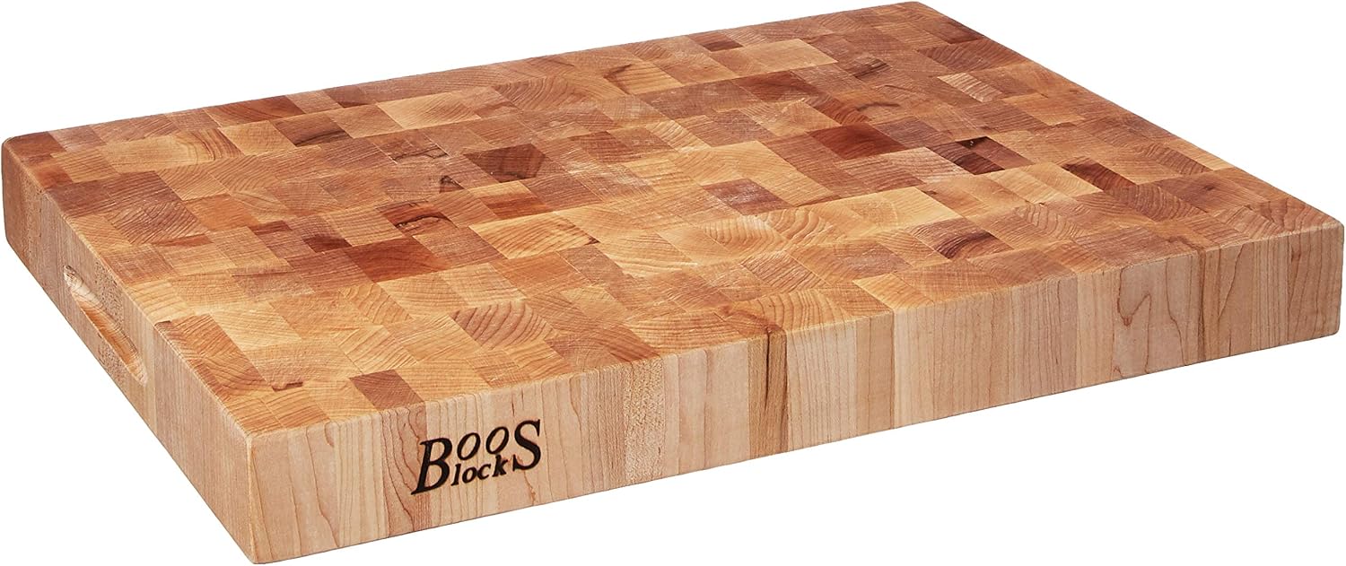 John Boos CCB Series Square Wooden Maple Cutting Board 18”x18” – 2.25” Thick, 22-lb Reversible Butcher Block with End-Grain & Finger Grips – Made in the USA