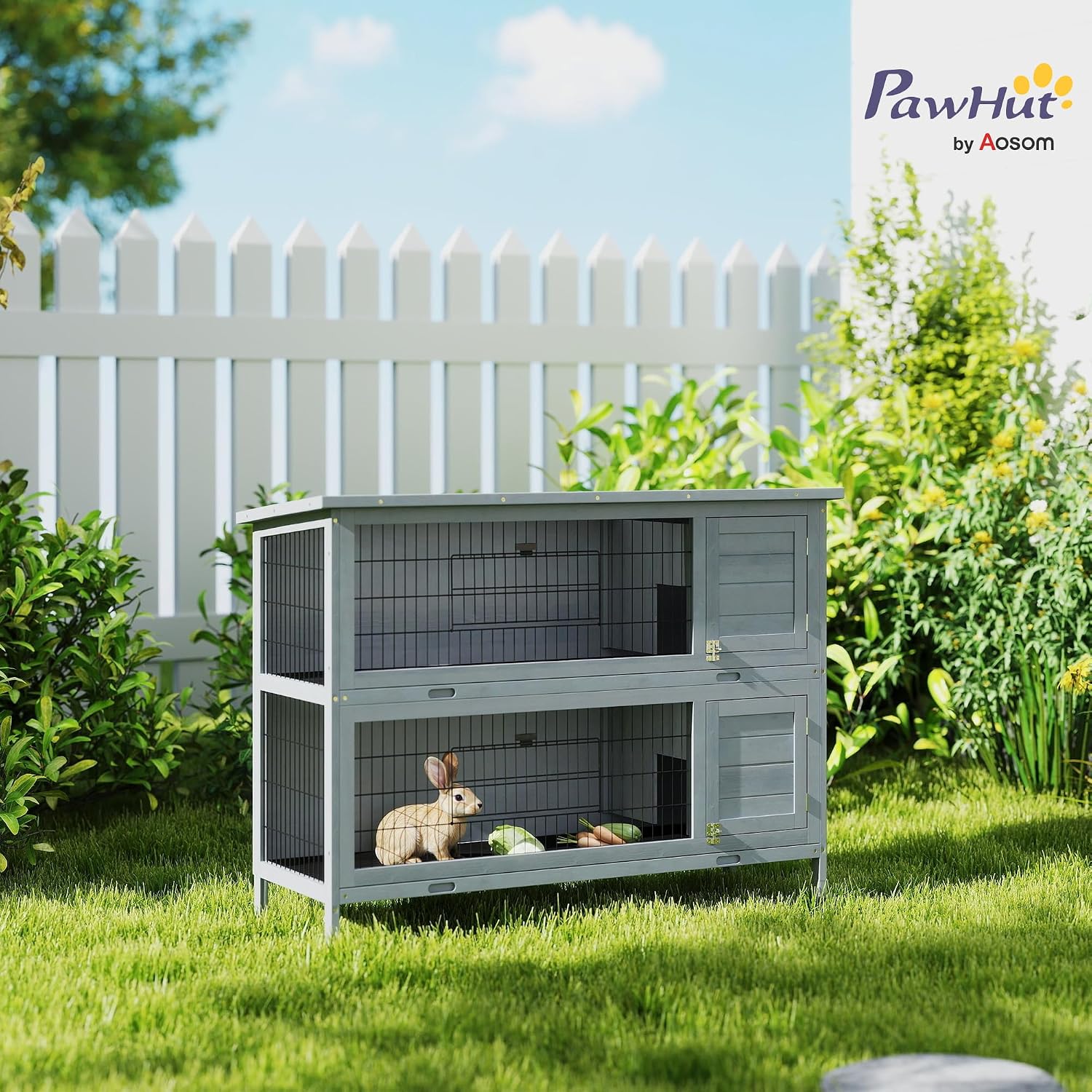PawHut 54" 2-Story Large Rabbit Hutch Bunny Cage Wooden Pet House Small Animal Habitat with Lockable Doors, No Leak Tray and waterproof Roof for Outdoor/Indoor Orange | Wooden Pet House, Small Animal Habitat, No Leak Tray, Waterproof Roof, for Chickens D…