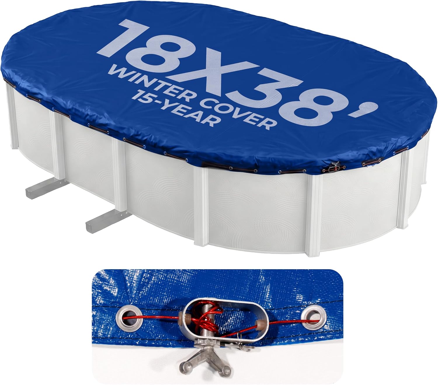 Blue Wave Arctic Armor 12x24-ft Oval Above Ground Pool Winter Cover, Blue | 14x14 laminated polyethylene, metal grommets every 2 ft, black underside, cable and winch, 4-ft overlap, 15-yr support