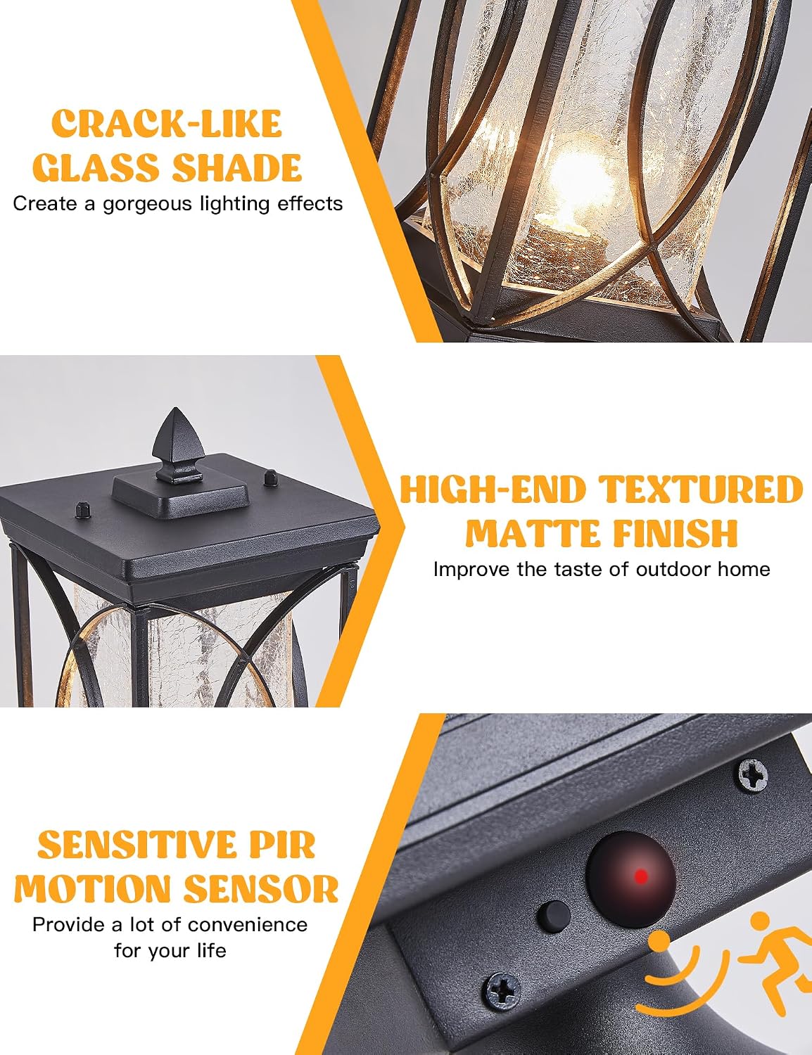 Dusk to Dawn Modern Outdoor Coach Lantern Exterior Light Fixtures Black Aluminum with Crack-Like Glass Waterproof Wall Sconce Mission Outside Light