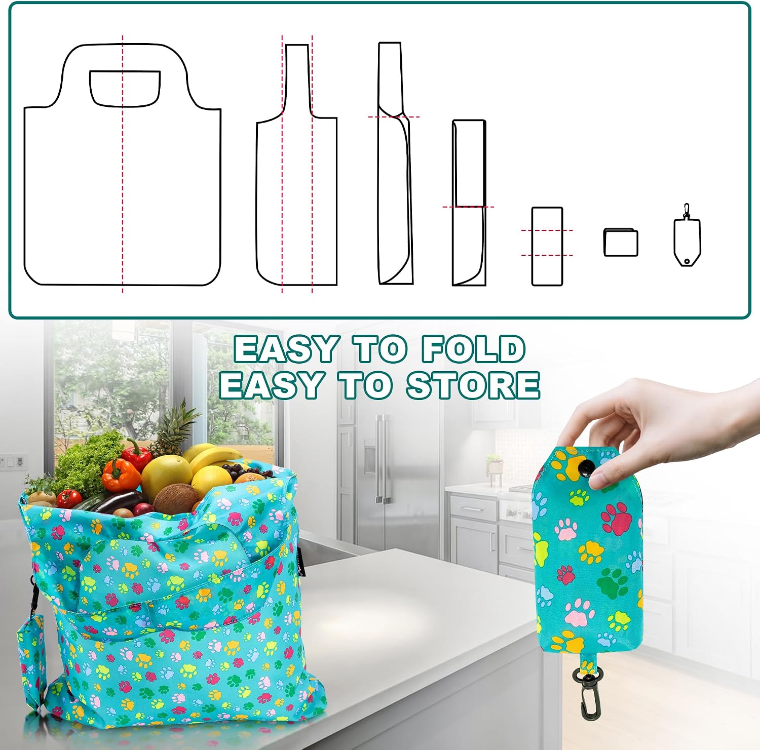 HOLYLUCK Reusable Grocery Bags,Heavy Duty Foldable Shopping Tote Bag (Standard, 3 Blue Geometric Flowers)