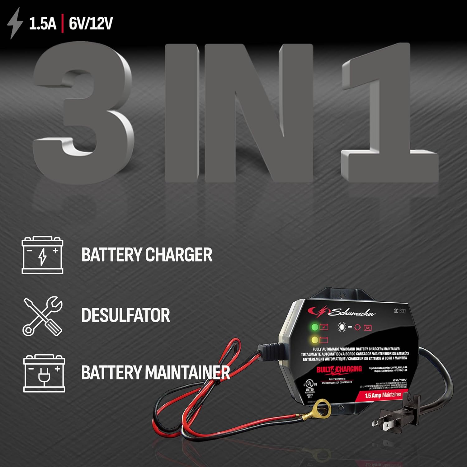 Schumacher Electric 1.5A Car Battery Charger & Maintainer, 6V/12V – SC1300