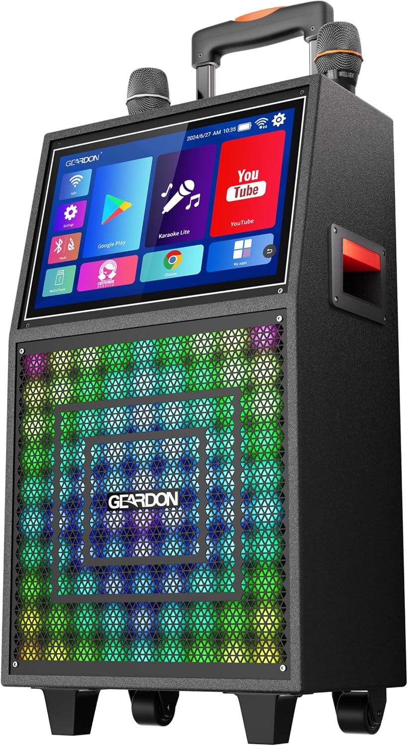 Karaoke Machine with Lyrics Display Screen for Adults, 15" Tablet | Bluetooth Speaker with 2 Rechargeable UHF Mics, 1000W Peak Power, DJ Lights, Portable Karaoke System for Any Occasion
