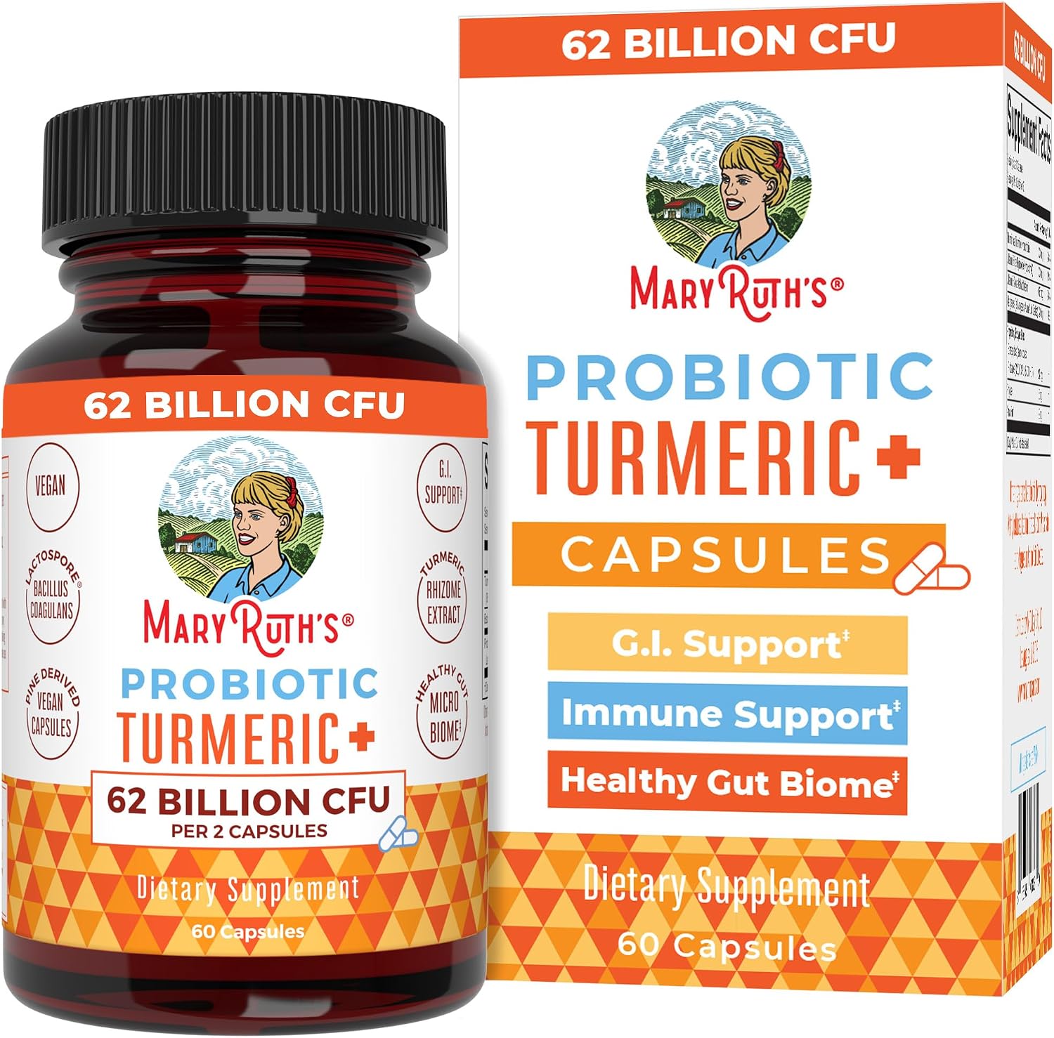 MARYRUTH'S Probiotic Turmeric Curcumin + Extra GI Support, Vegan, 60 Count | 62 Billion CFU, Organic Ingredients Turmeric Complex with Probiotics