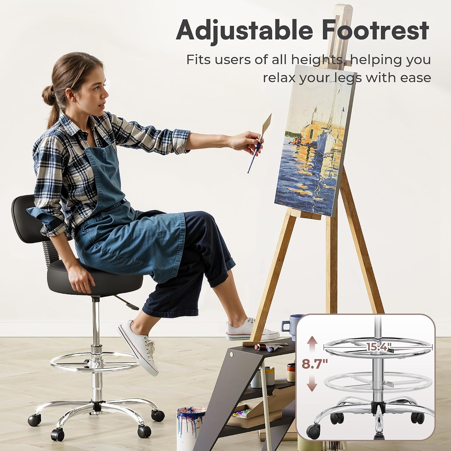 SUPERJARE Drafting Chair with Back, Adjustable Foot Rest Rolling Stool, Multi-Purpose Office Desk Chair