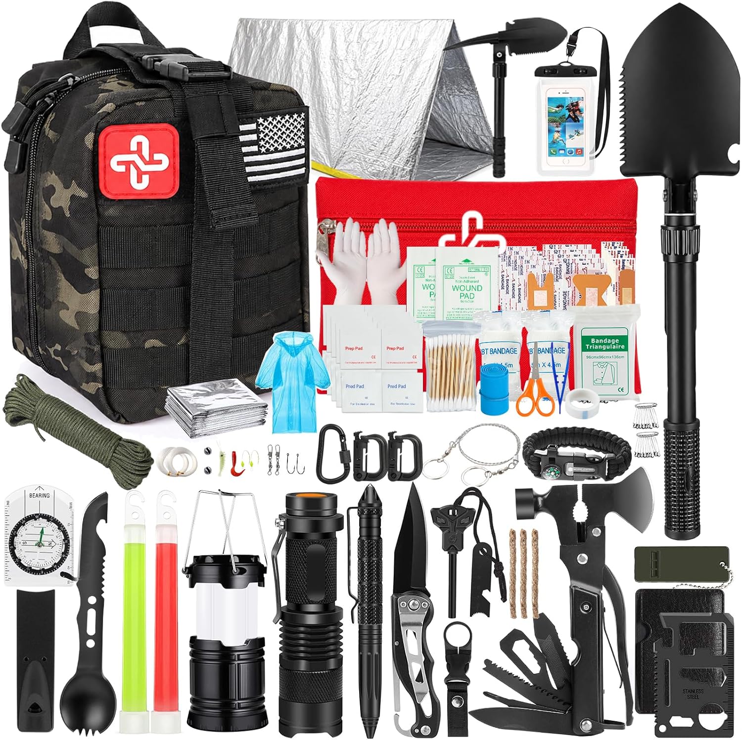 Survival Kit, 250Pcs Survival Gear First Aid Kit with Molle System Compatible Bag and Emergency Tent, Emergency Kit for Earthquake, Outdoor Adventure