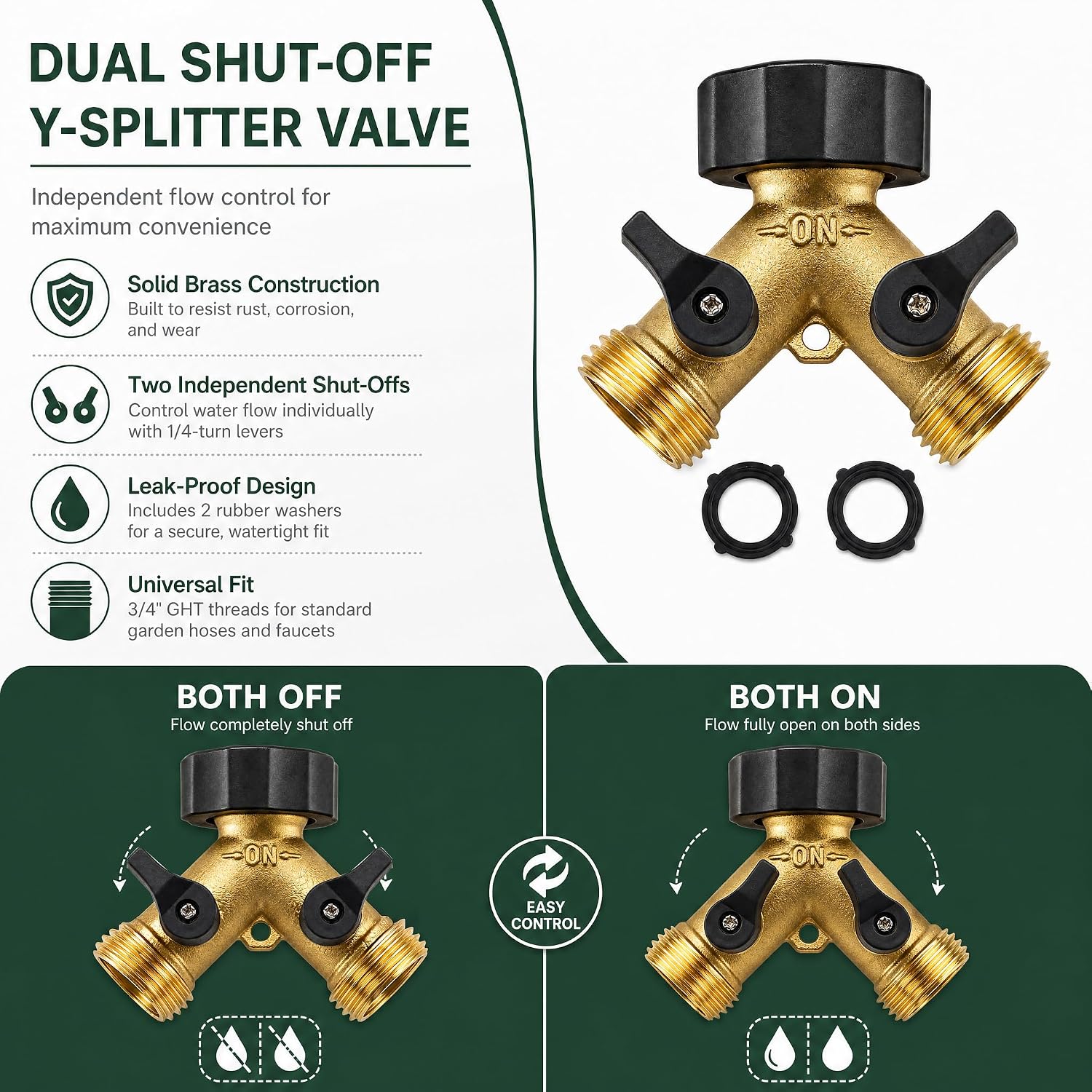 Xiny Tool Hose Splitter, Garden Hose Splitter Heavy Duty 2 Way, Solid Brass Water Hose Y Splitter 2 Valves with 2 Extra Rubber Washers
