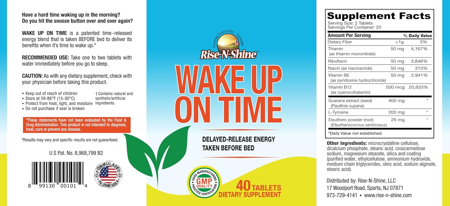 Rise-N-Shine Wake Up On Time Energy Supplement to Help Boost Your Mornings with Alertness & Focus for a Productive Day with Natural Caffeine & More