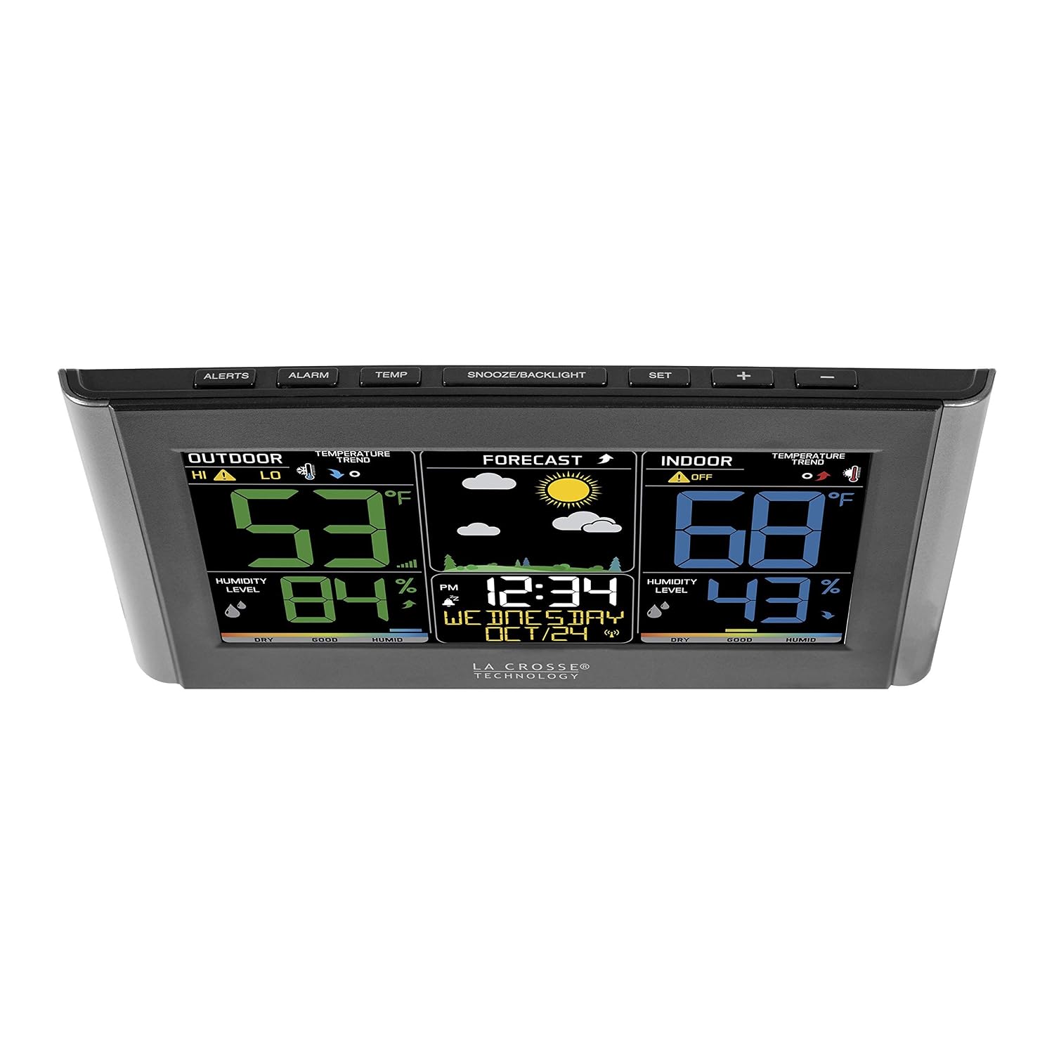 La Crosse Technology Weather Station with Customizable Alerts, Weather Forecast, Temperature, Dew Point, Humidity, Time, Heat Index, Large Display
