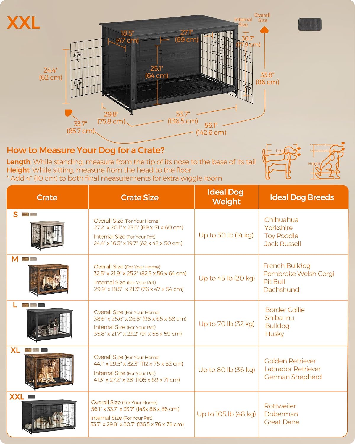 Feandrea 27.2" Dog Crate Furniture, Indoor Dog Kennel Side End Table