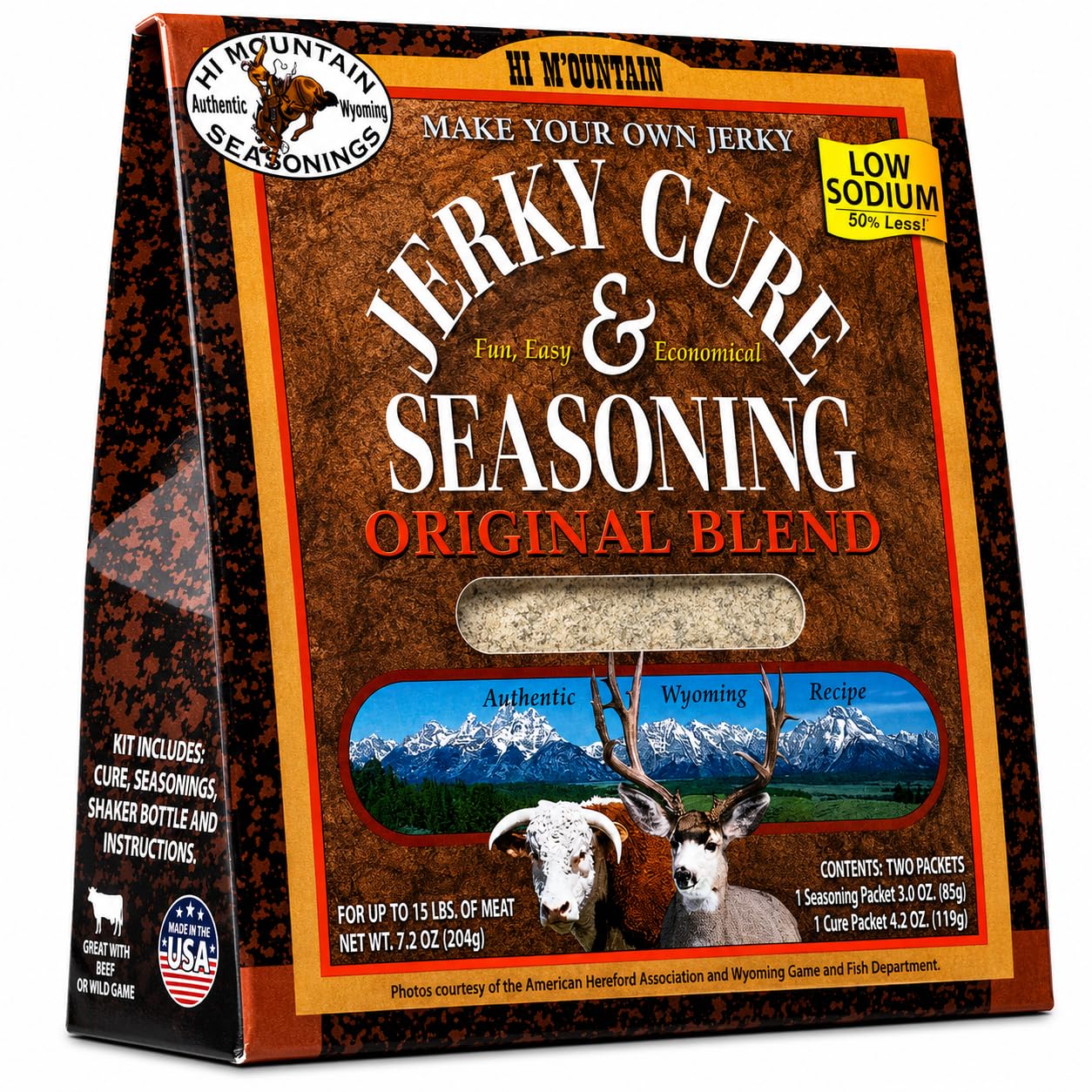 Hi Mountain HUNTERS BLEND Jerky Seasoning and Cure Kit | Low Sodium | Savory hunter-style flavor, perfect beef jerky seasoning for deer, elk, & venison. Smoker, dehydrator, or oven. Makes 15 lbs