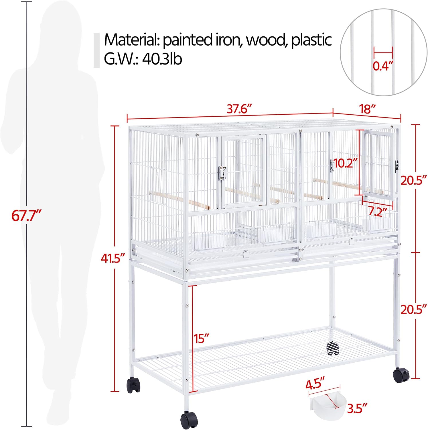 Yaheetech 41.5" Stackable Divided Breeder Breeding Parakeet Bird Cage for Canaries Cockatiels Lovebirds Finches Budgies Small Parrots with Rolling