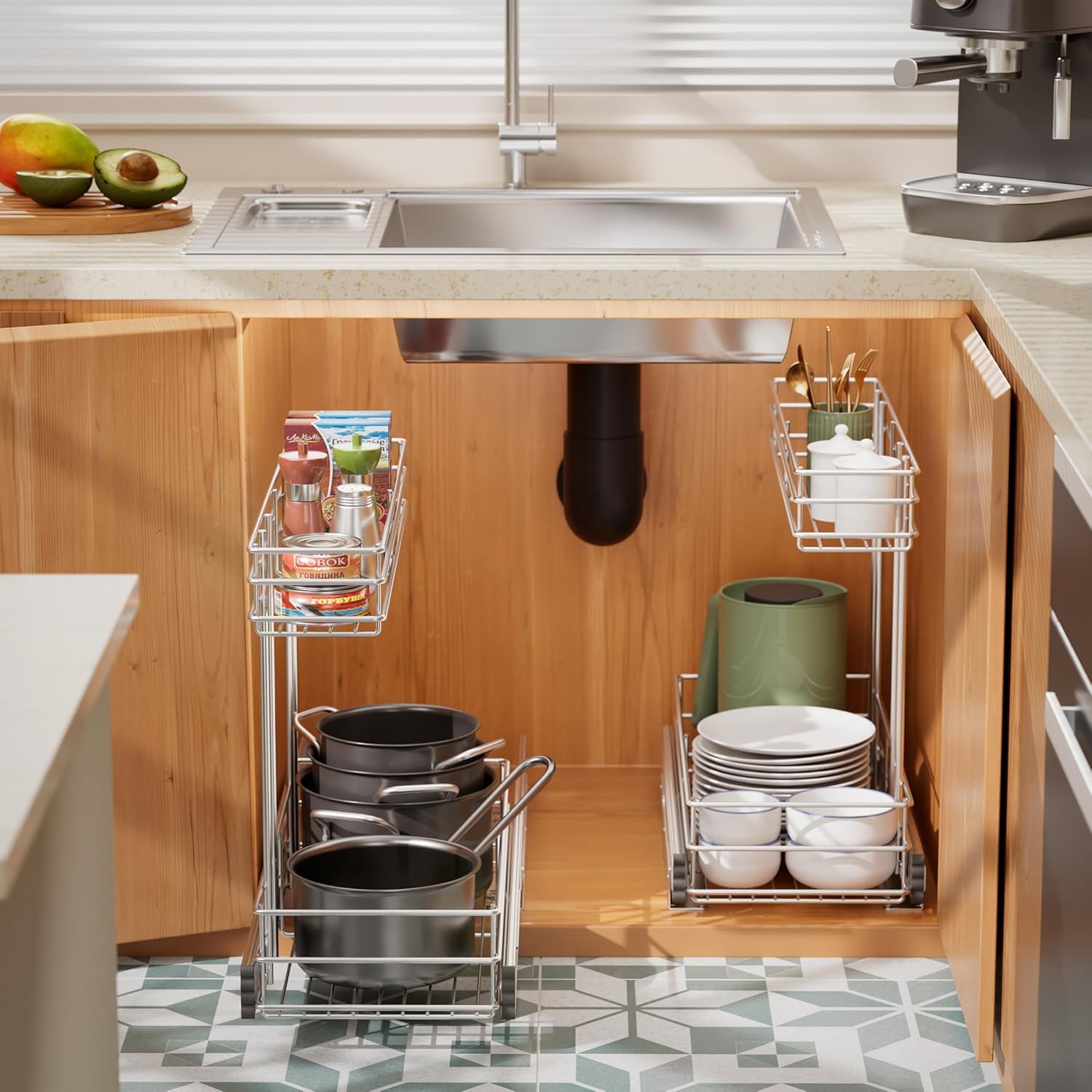 Under Sink Organizer 9" W X19 D, Pull Out Cabinet Organizer 2 Tier