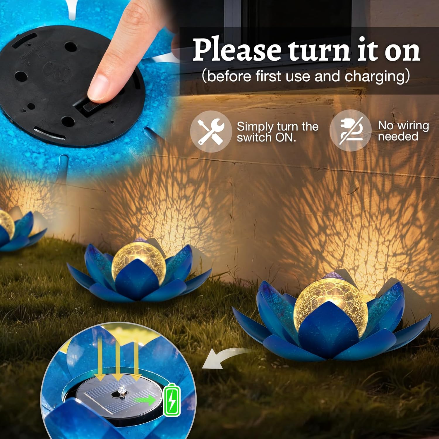 Huaxu Solar Lights Outdoor Garden, Crackle Globe Glass Lotus Decor, Waterproof LED Metal Flower Decorations for Patio,Lawn,Walkway,Tabletop,Ground