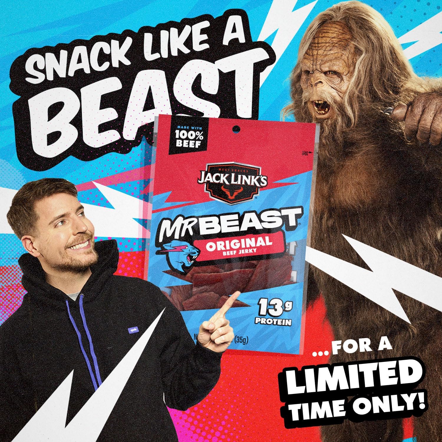 Jack Link's MrBeast Beef Jerky, Peppered Beef Jerky - 10 Count | As Seen on Beast Games, 11g Protein, Made with 100% Real Beef, Pantry-Ready Snacks