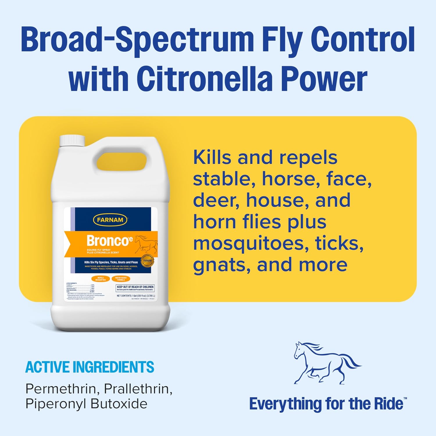 Farnam Bronco E Fly Spray for Horses, Dogs & Premises 128 oz Refill | Kills & Repels Stable, Horse, Deer, House & Horn Flies, Mosquitoes, Fleas, Chiggers, Ticks, Lice & Gnats