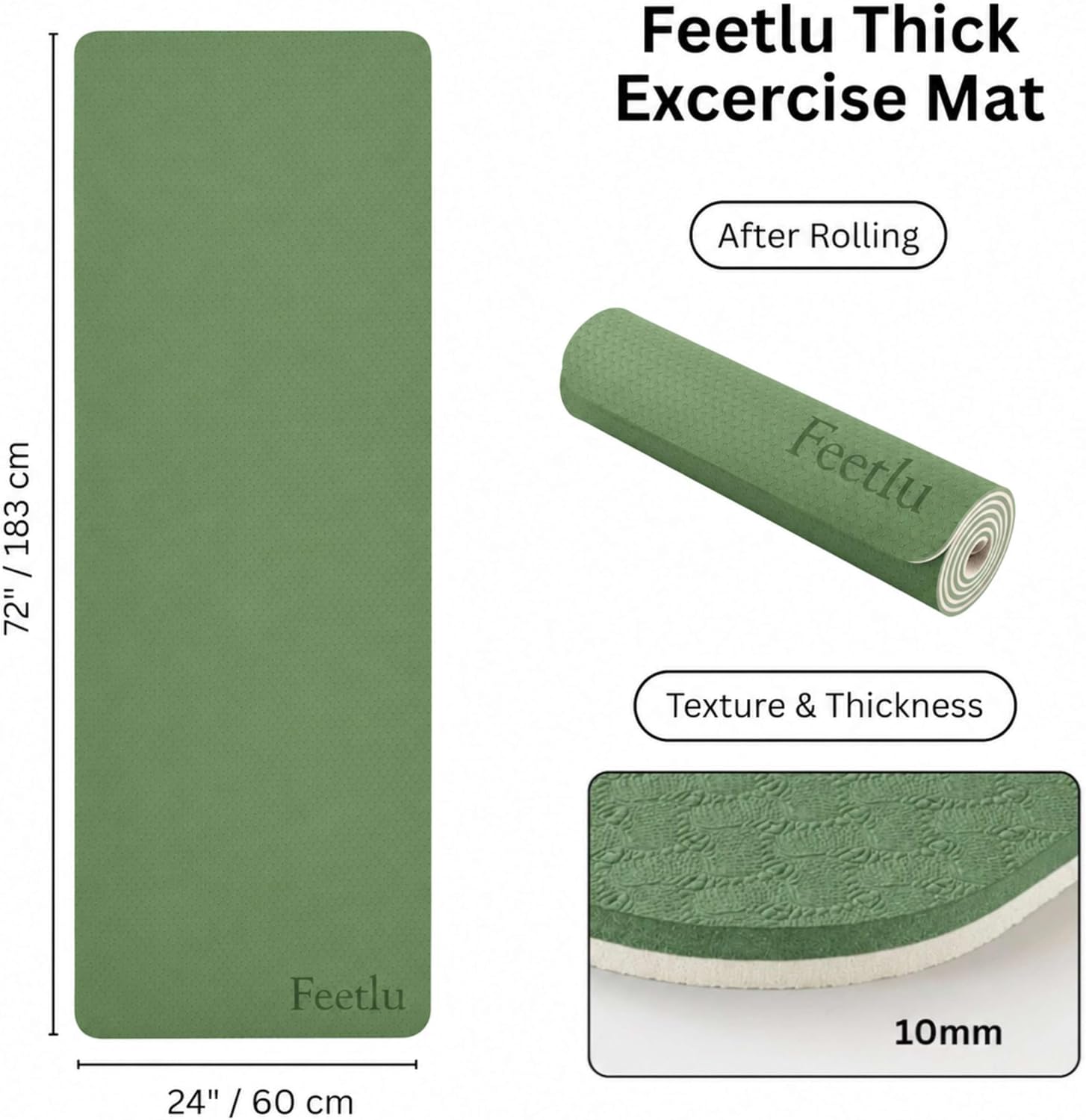Extra Thick Yoga Mat with Carry Strap, 10mm Non-Slip Exercise Mat, 72 x 24 Inch Cushioned Workout Mat for Yoga, Pilates, Stretching & Floor Exercises