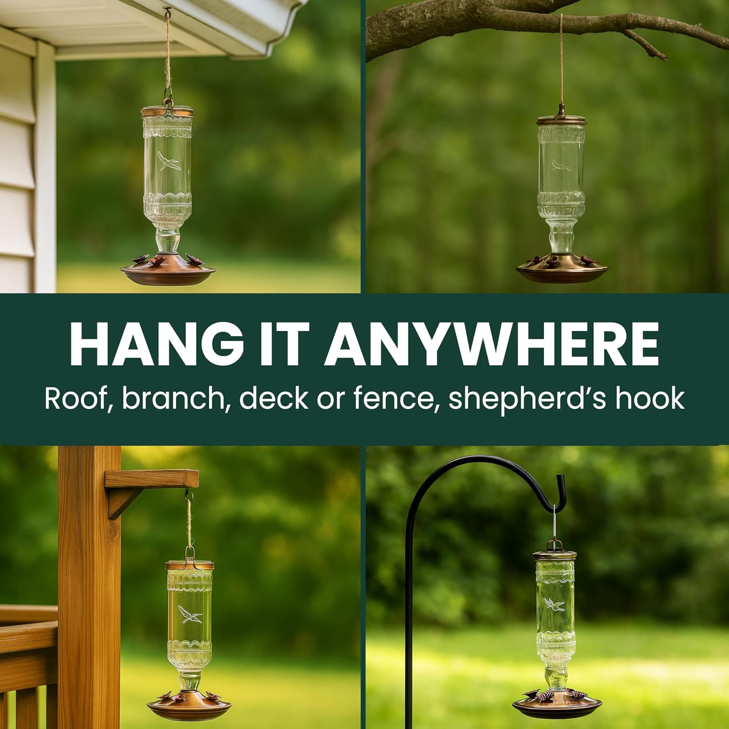 Perky-Pet Antique Glass Bottle Hummingbird Feeder, 10 oz Capacity, Green | 4 Feeding Ports for Outdoors Hanging Bird Feeders, Backyard Garden Décor
