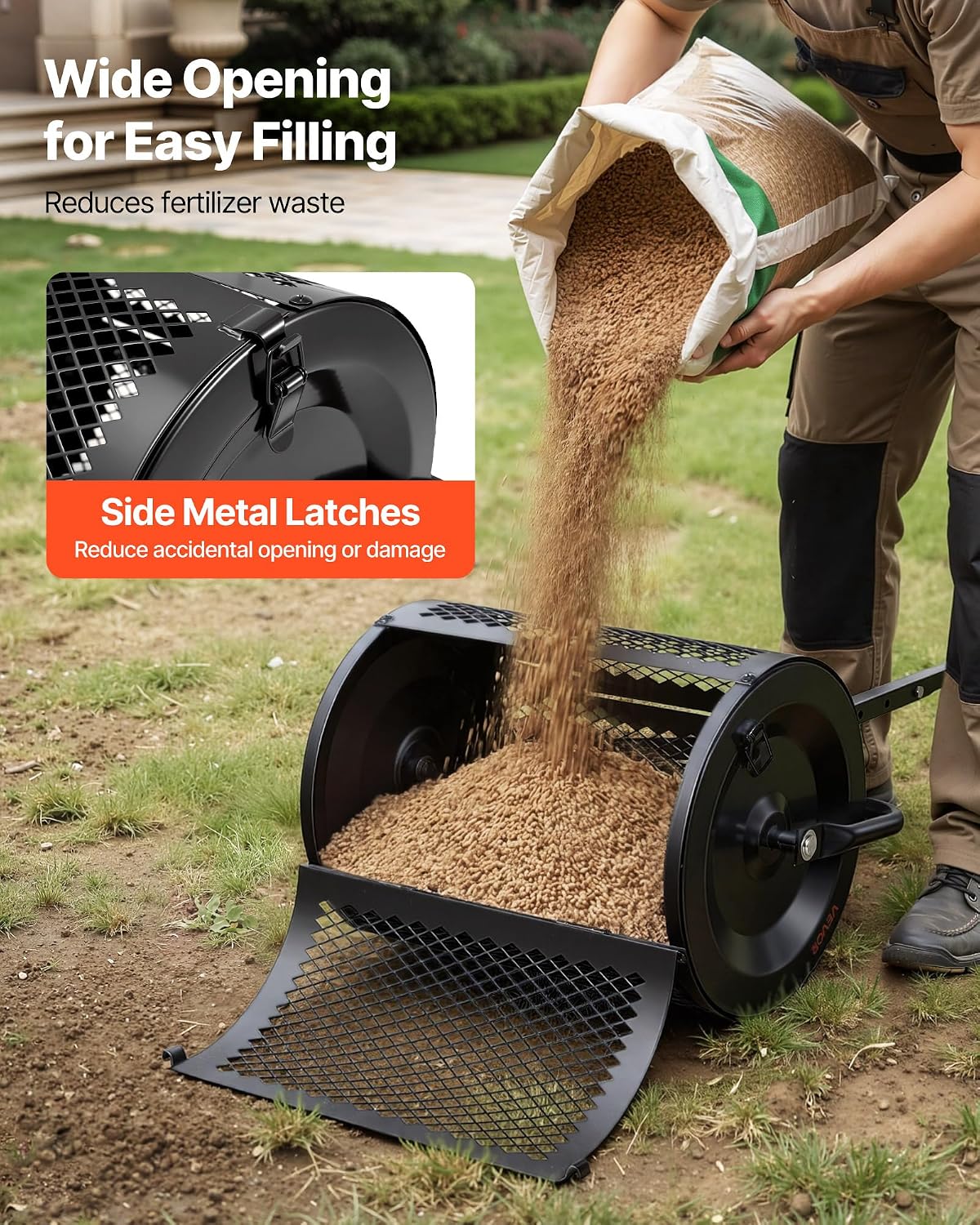 VEVOR Compost Spreader, 36" Wide Peat Moss Spreader with Push/Tow Handle, 4 Heights Adjustable, Powder-Coated Steel Garden Peat Moss Roller, Heavy Duty Grass Seed Roller for Planting Seeding, Black