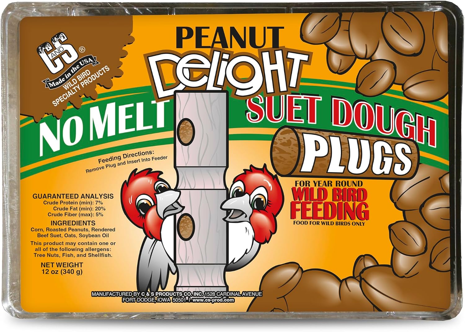 C&S Peanut Delight No Melt Suet Dough Plugs, Suet Plugs for Wild Birds, 12 Oz, 4 Count