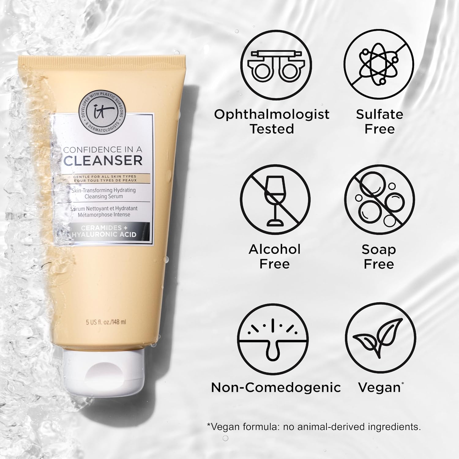 IT Cosmetics Confidence in a Cleanser - Daily Hydrating Serum Face Wash | Hyaluronic Acid + Ceramide Cleanser