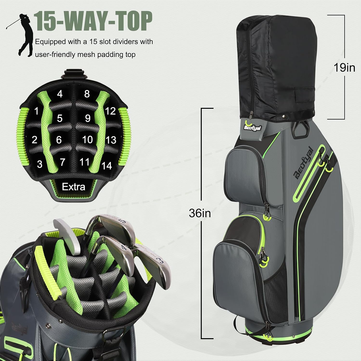 15-Way Golf Cart Bag, Lightweight Golf Club Bag for Men with Cooler | 15 Separate Compartments Easy Club Access Multiple Storage Pockets Cart Strap Channel Beverage Storage and Carry Handles