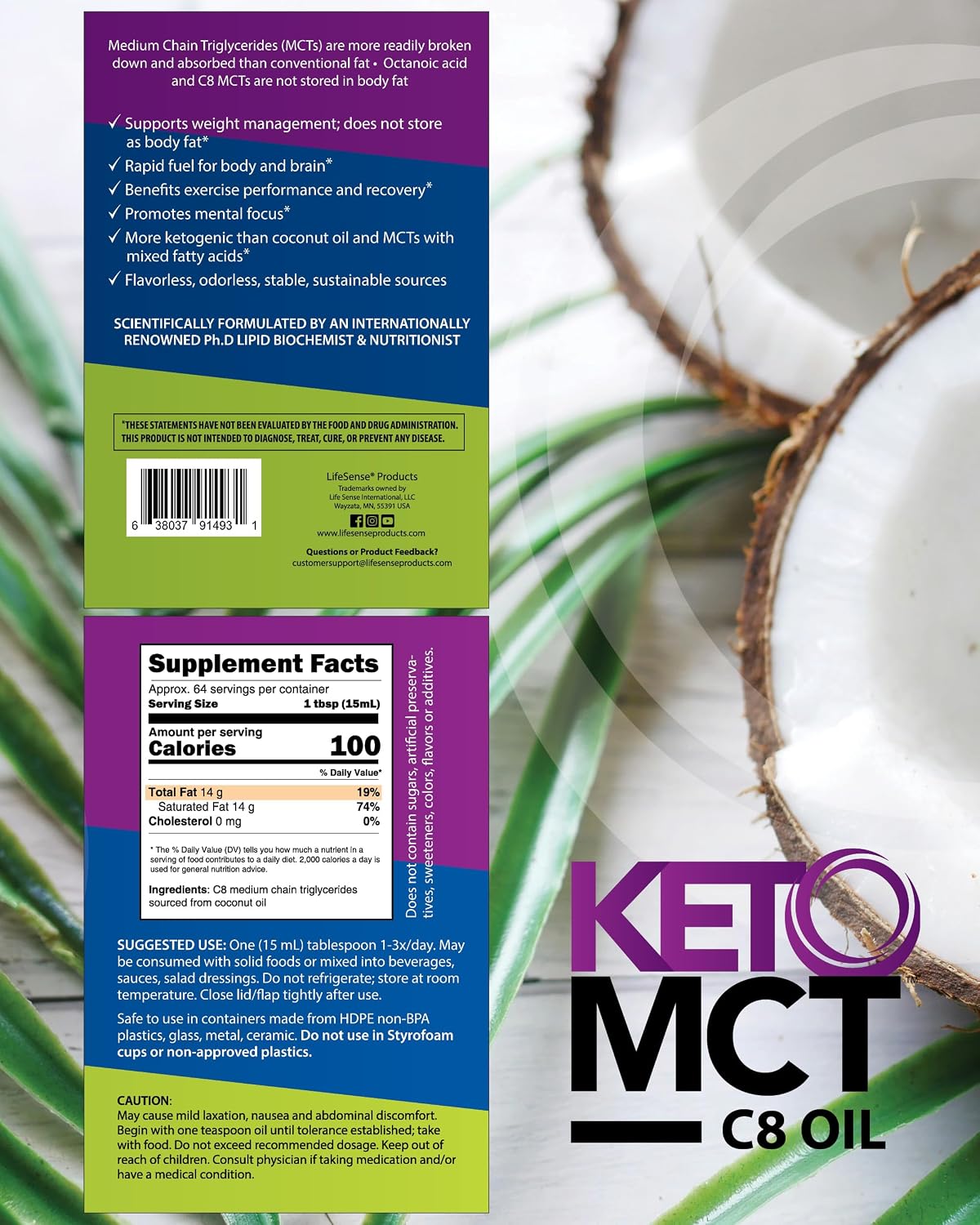 LifeSense C8 MCT Oil, Keto-Friendly, Sourced from Coconut Oil, Clinically Proven to Increase Ketone Production, Optimal Fuel for the Brain and Body
