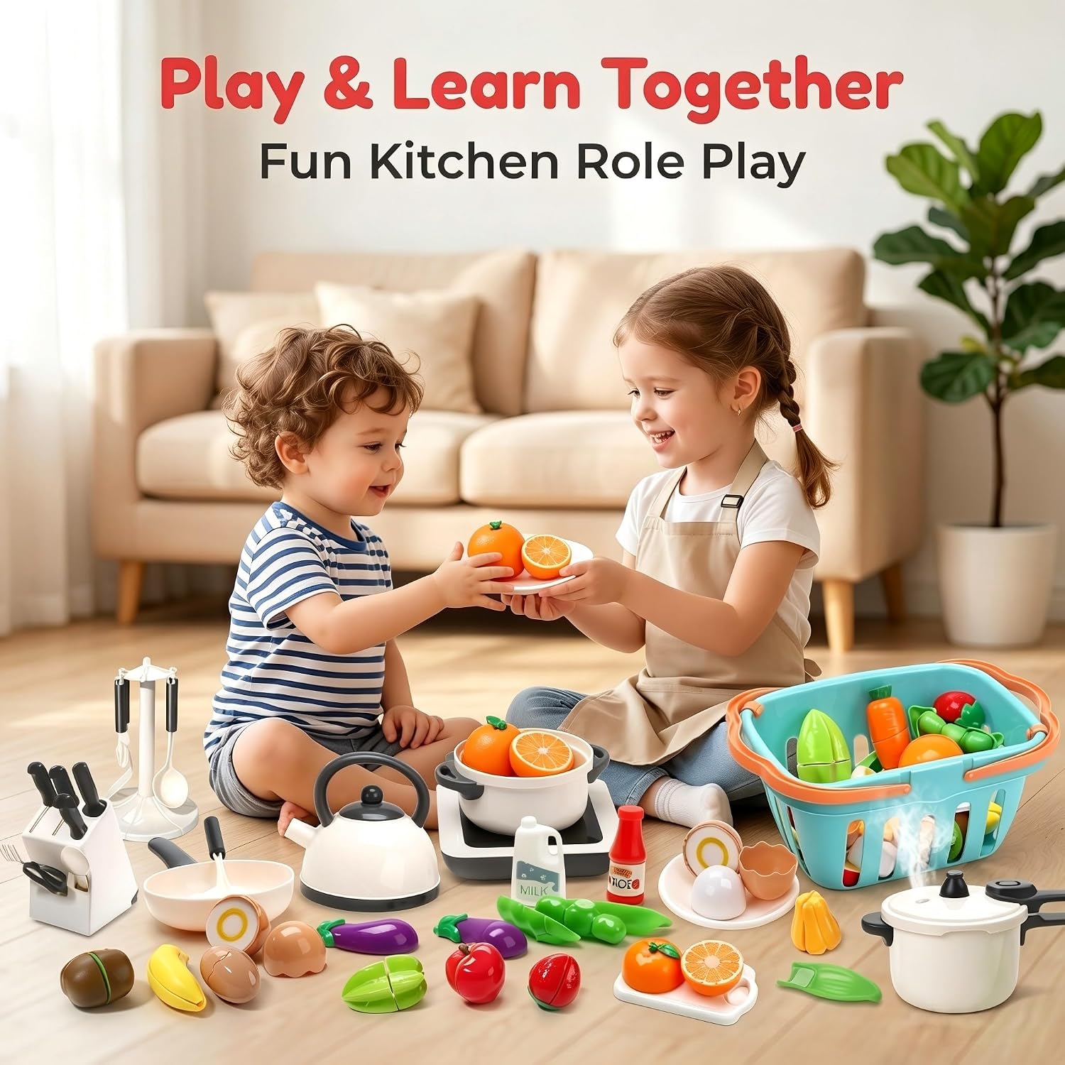 CUTE STONE Pretend Play Kitchen Toy with Cookware Steam Pressure Pot and Electronic Induction Cooktop, Cooking Utensils, Toy Cutlery, Cut Play Food