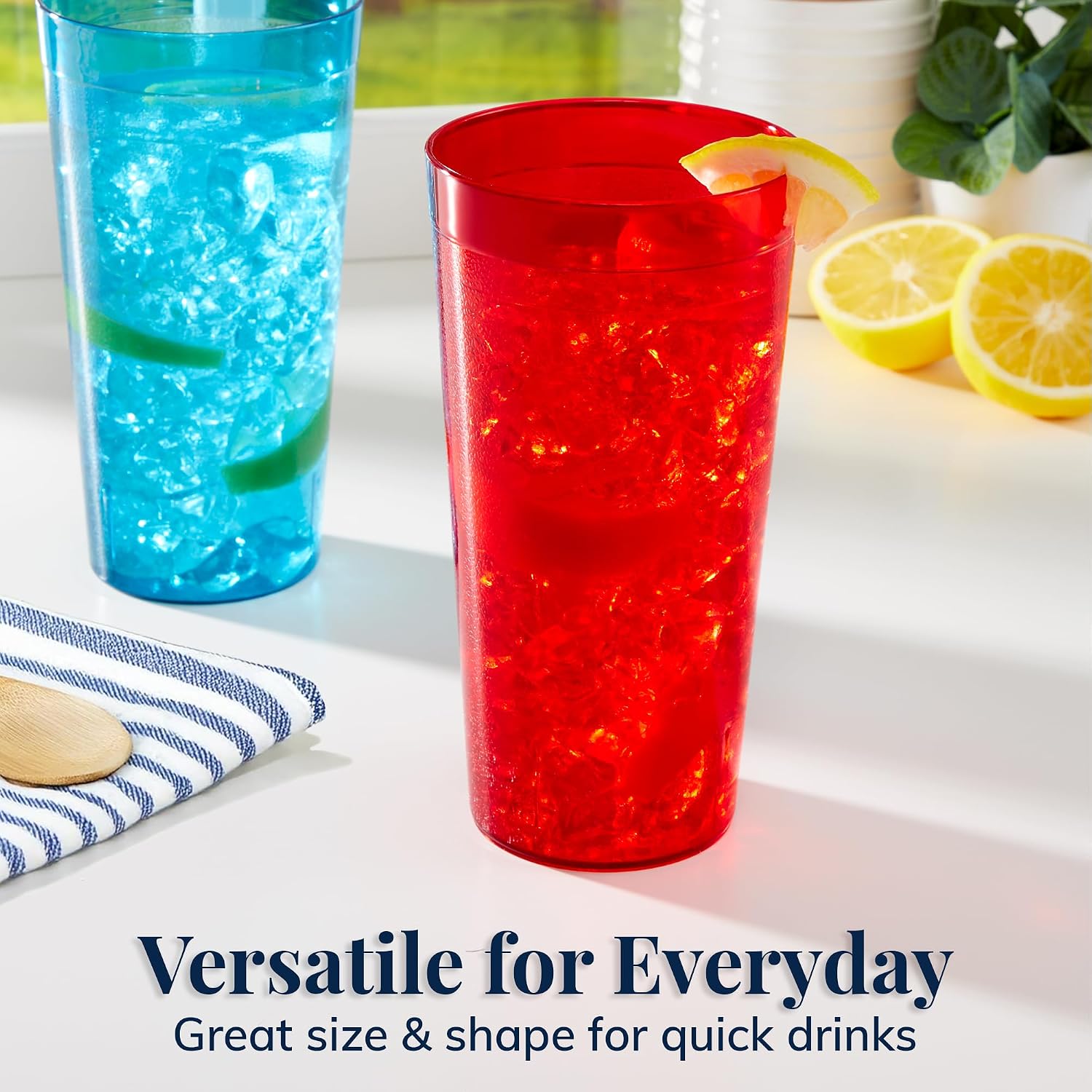 US Acrylic Cafe Plastic Reusable Tumblers (Set of 16) 20-ounce Water Cups Coastal Colors | Restaurant Style Drinking Glasses Value Set, Stackable, BPA-free, Made in the USA | Top-rack Dishwasher Safe