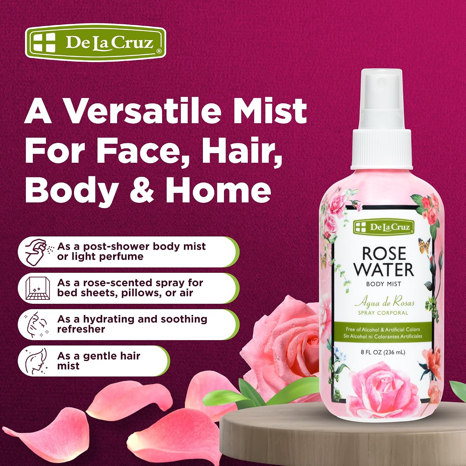 De La Cruz Rose Water Body & Hair Mist, 8 fl. oz Spray (236 mL) | Rose Water Spray, With Rose Flower Extract, Face, Hair & Body Mist, Home Mist, Alcohol Free, Refreshing & Soothing