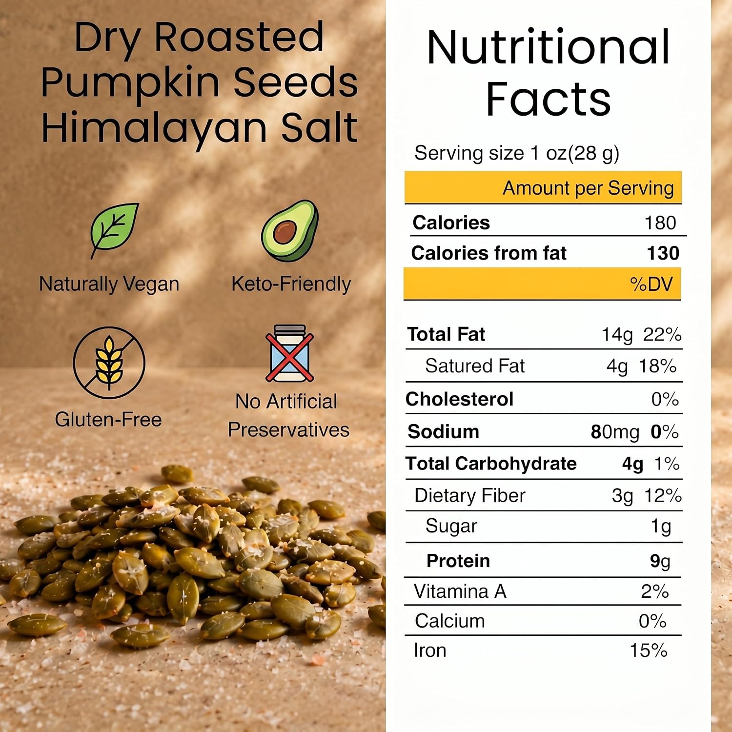 Farm Fresh Nuts Dry Roasted Pepitas Pumpkin Seeds (1LB) - Himalayan Salted | 1LB, Dry Roasted Pepitas, Pumpkin Seeds, Himalayan Salt, No Oil Added, OU Kosher