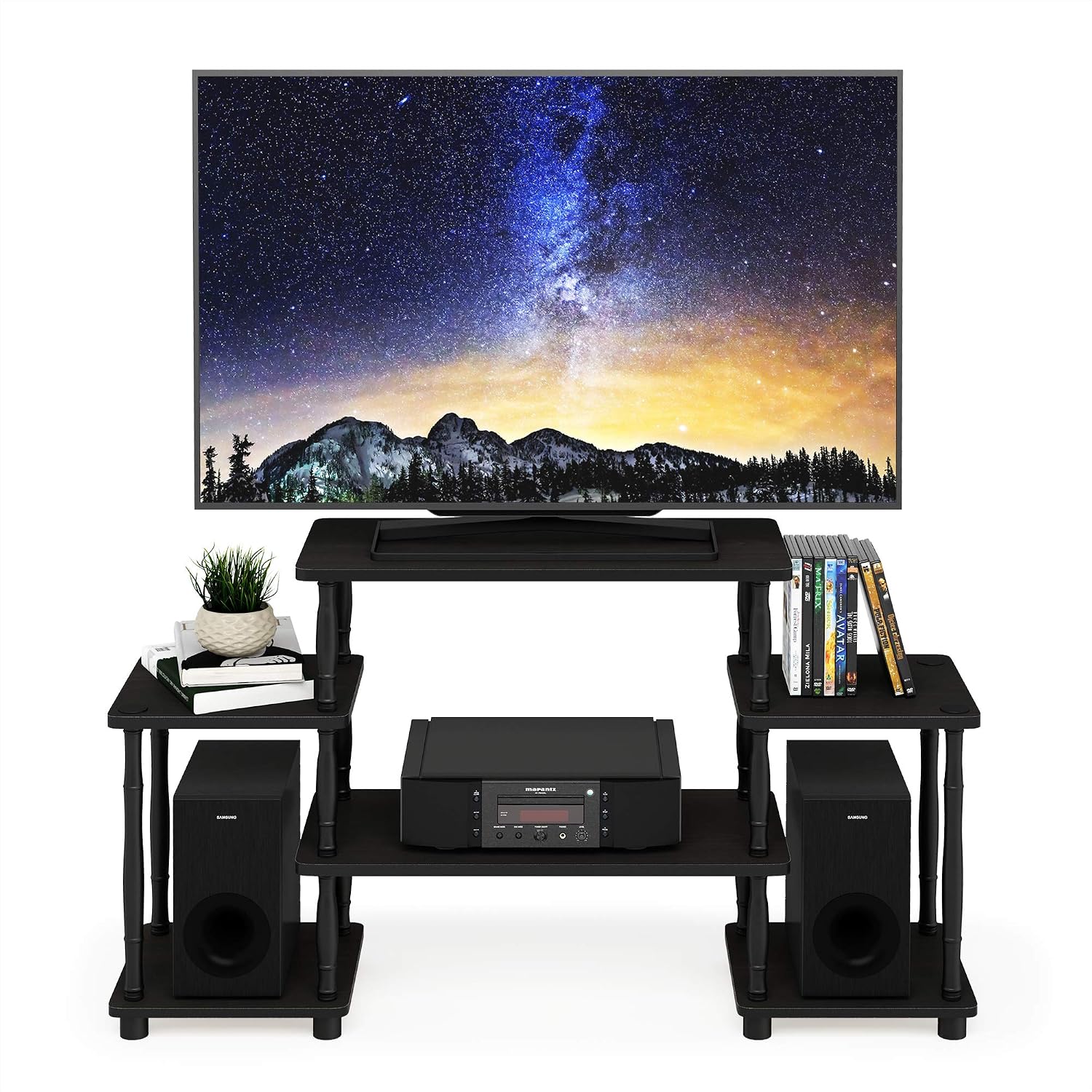 Furinno Turn-N-Tube No Tools Entertainment Center, Round Square Corner, French Oak Grey/Black | Raised Top, Open Shelves TV Console with for TV up to 32 Inch, for Living Room, Bedroom