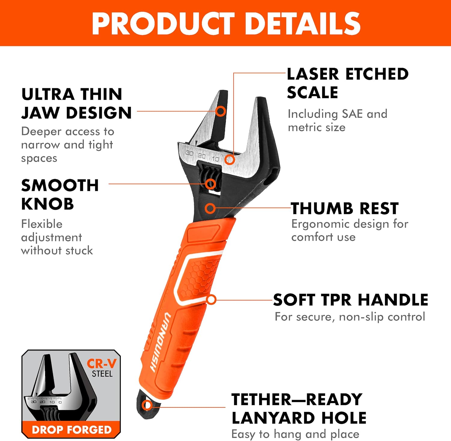 VANQUISH 12 Inch Adjustable Wrench, 2-3/8” Wide Jaw Opening Plumbing Wrench, CR-V Steel, SAE and Metric Scale Marked, With Comfort Grip Handle and Hanging Hole (3154)