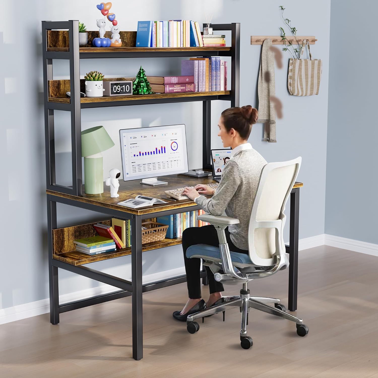 Aquzee Computer Desk with Shelves, 47" W x 23.6" D Gaming Desk with Hutch and Bookshelf