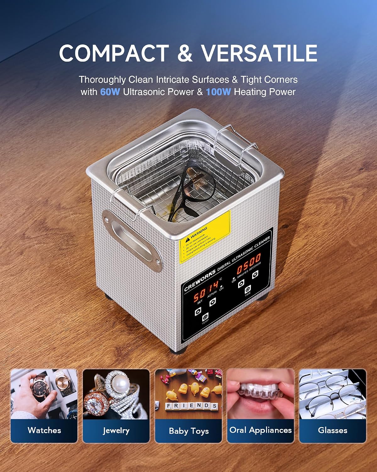 CREWORKS 3L Ultrasonic Cleaner, 0.8 gal Digital Sonic Cavitation Machine | 120W Stainless Steel Professional Jewelry Cleaner for Cleaning Tool Watch Glasses Retainer Denture Parts with Heater & Timer
