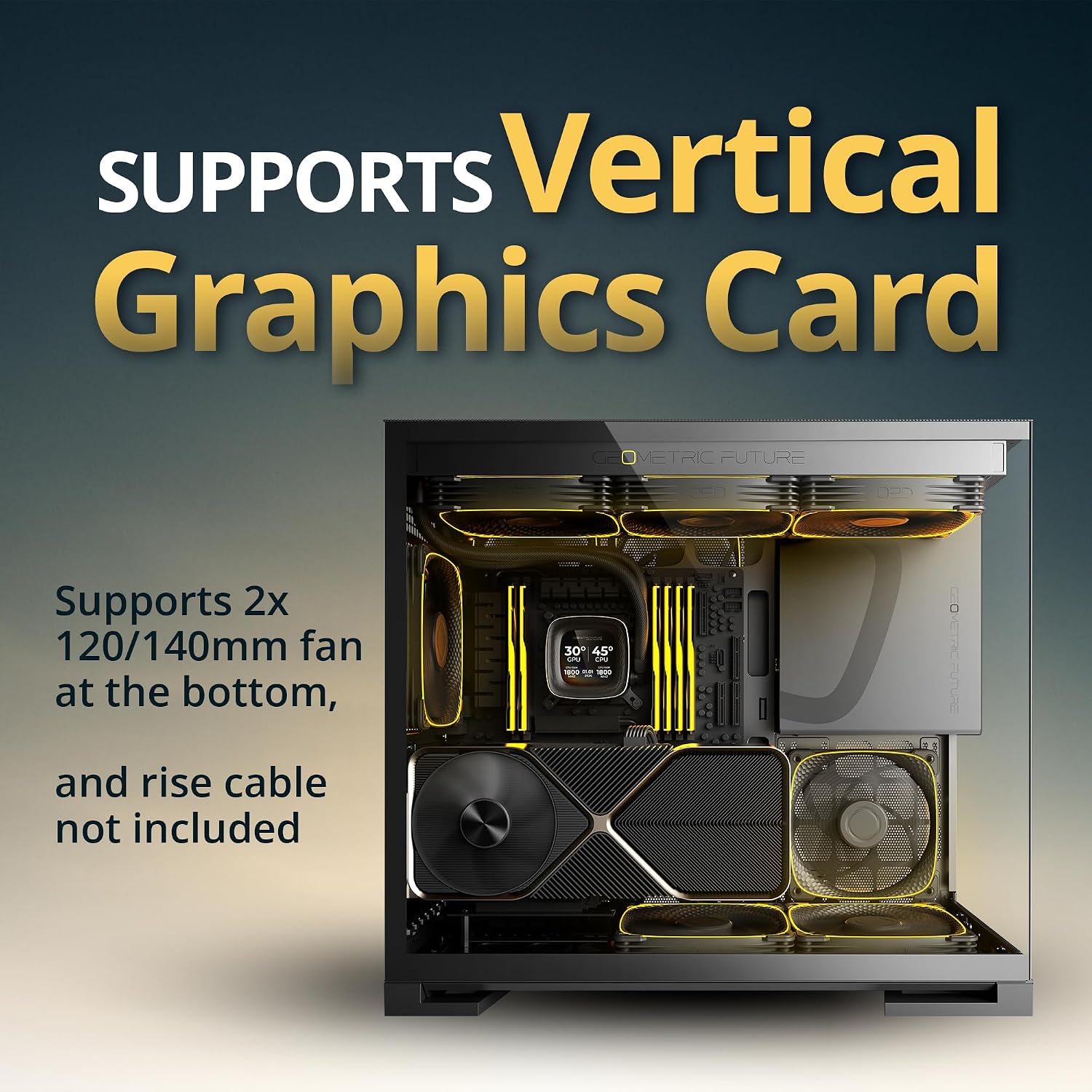 Geometric Future M5 Tempered Glass Mid Tower, E-ATX/ATX Gaming Case, 1.2mm Steel, Type C, Toolless Panels, Support 420/360 Radiator, ARGB PWM 140m Fan x 5 Pre-Installed, Black/Yellow, GEO-M5F-BY