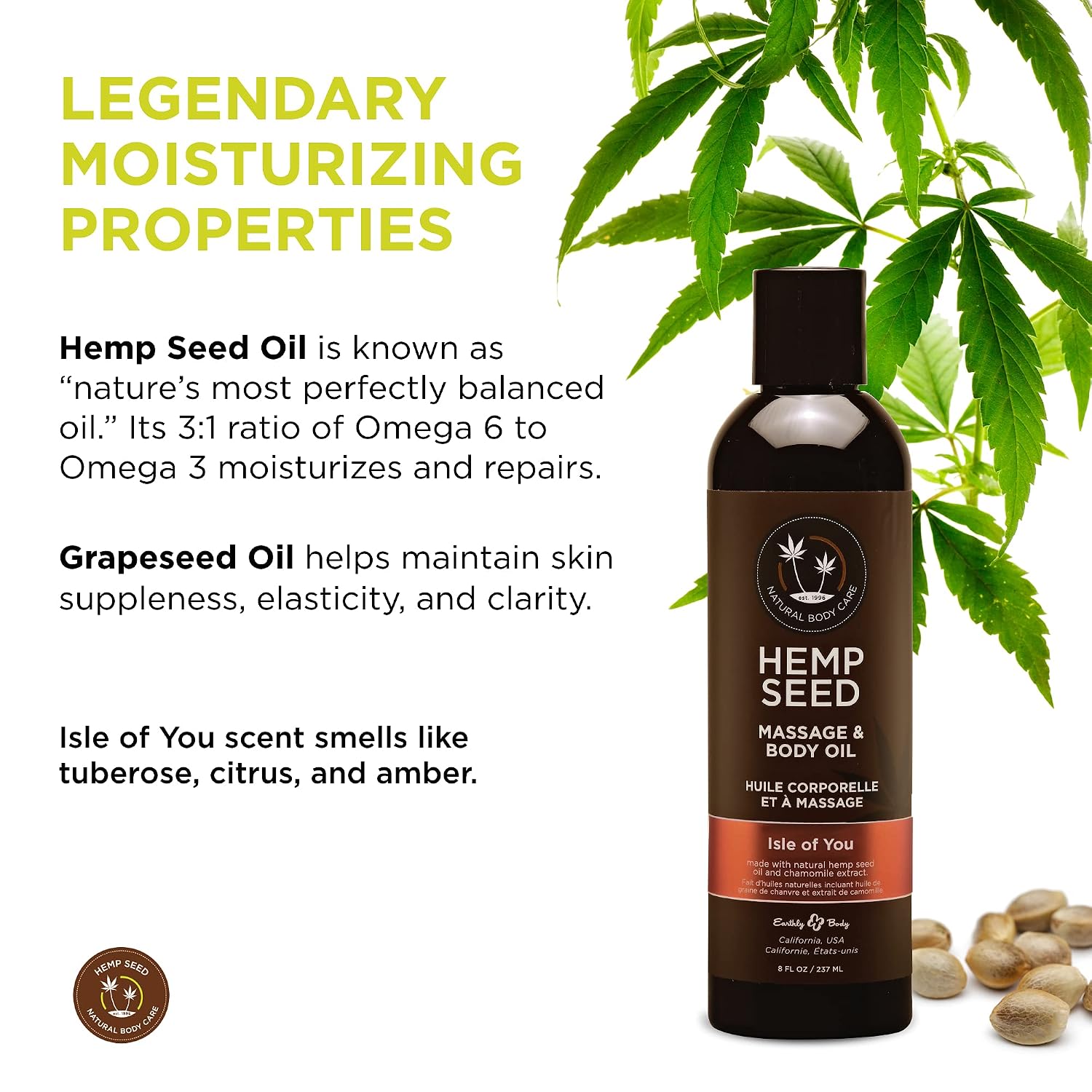 Hemp Seed Massage & Body Oil - 8 fl. oz. - Nourishing, Moisturizing Massage Oil - Hemp Seed, Apricot, Grapeseed & Sweet Almond Oil - Vegan & Cruelty Free