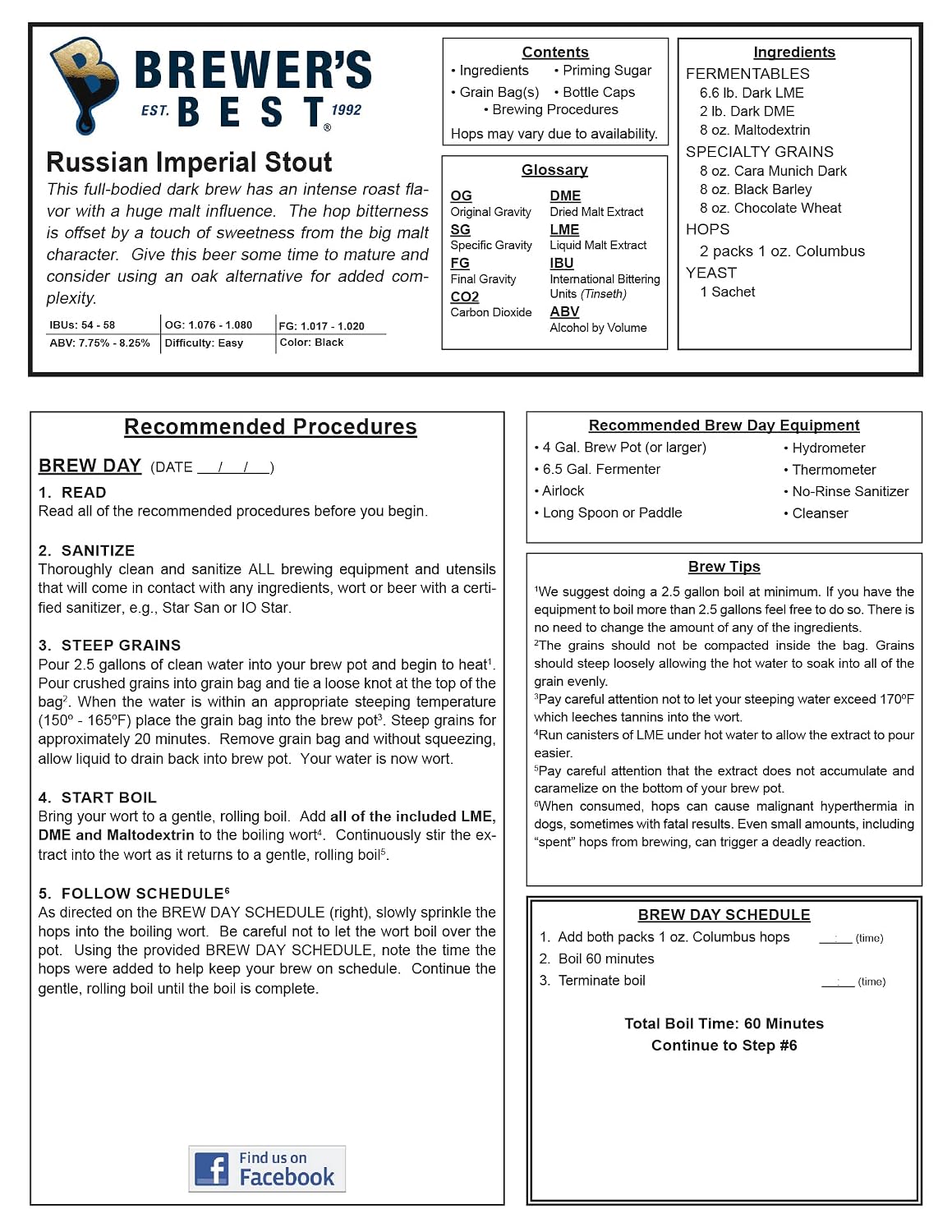 Russian Imperial Stout Homebrew Beer Ingredient Kit
