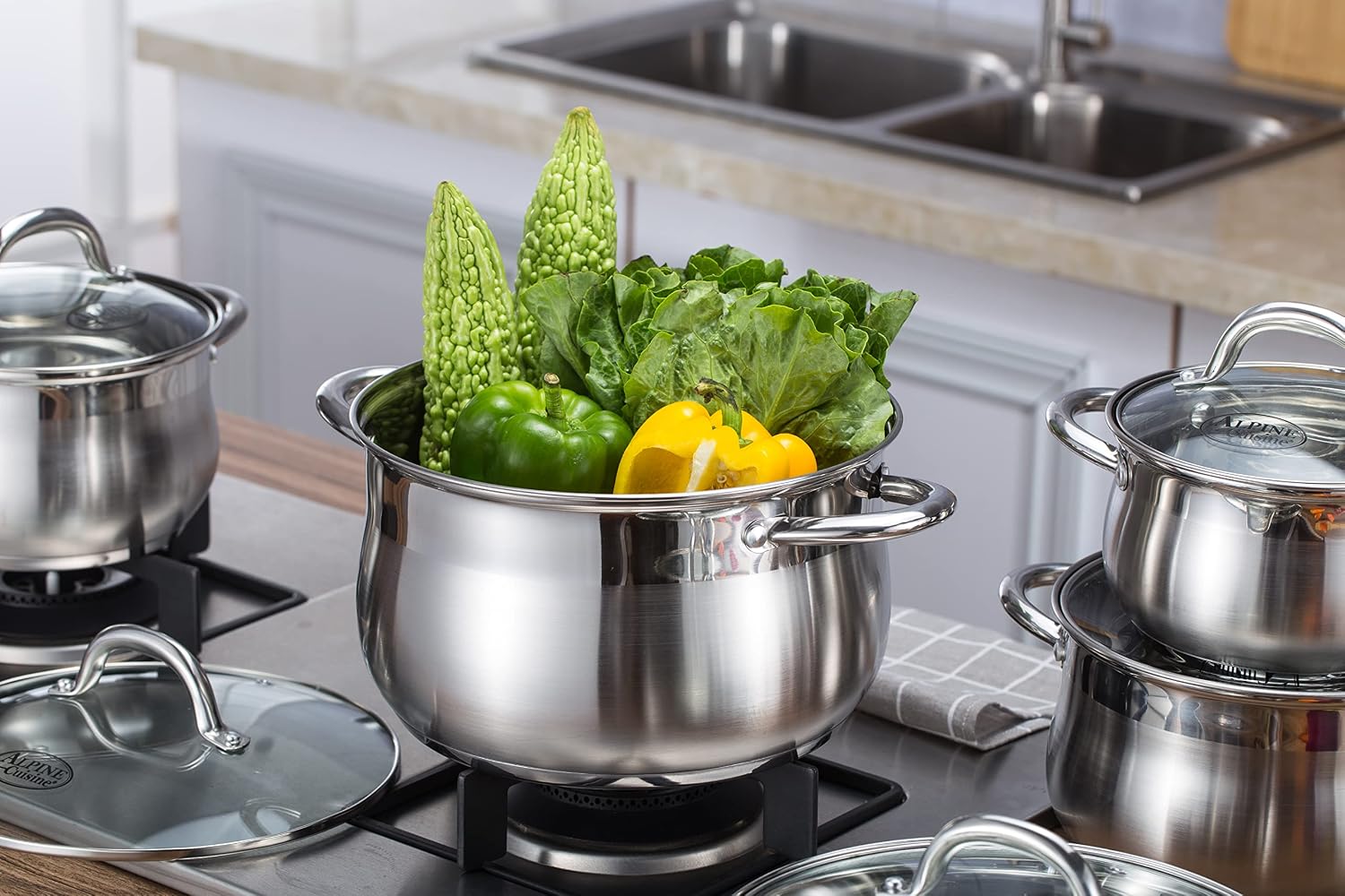 Alpine Cuisine 2-Quart Stainless Steel Dutch Oven with Tempered Glass Lid, Belly Shape, Heavy Duty & Dishwasher Safe