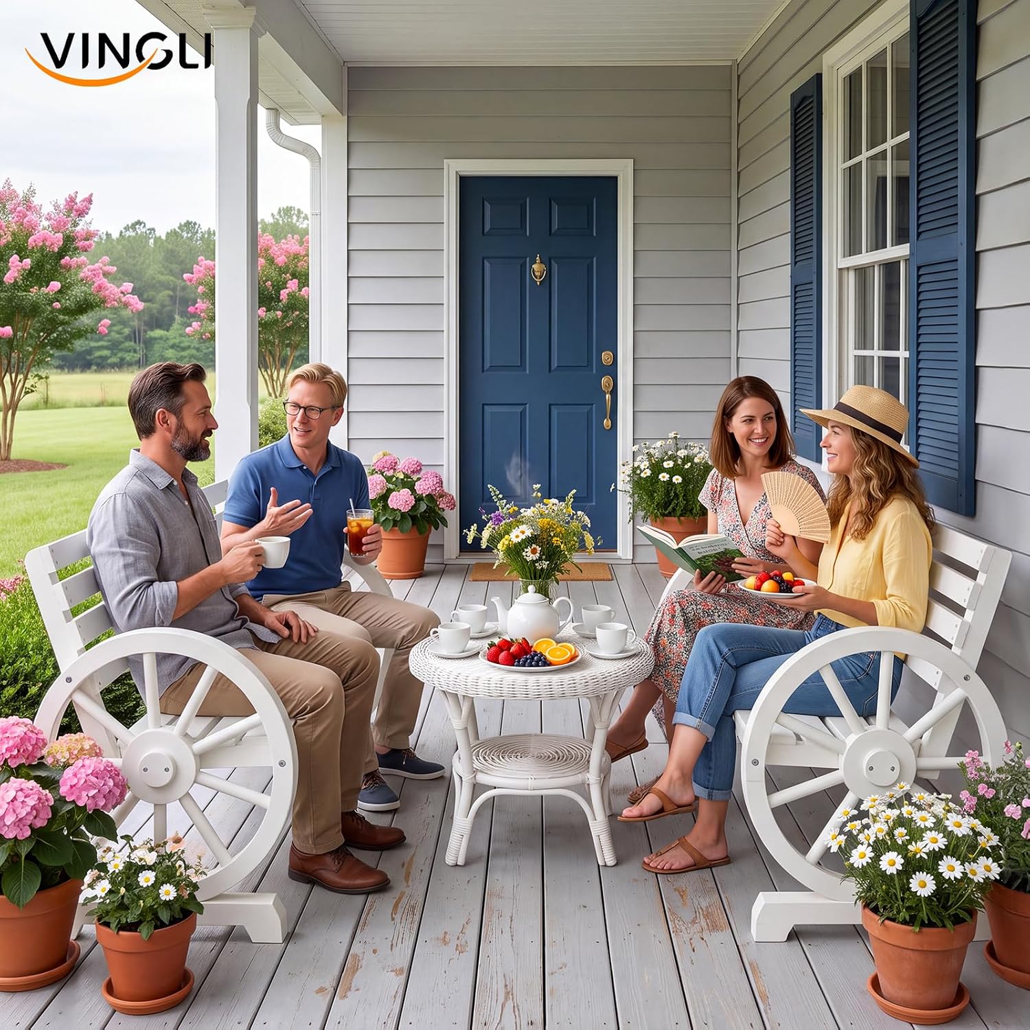 VINGLI Rustic Wooden Wheel Bench Outdoor Bench, Patio Bench Wagon Slatted Seat, Garden Benches for Outdoors 350lbs High Capacity