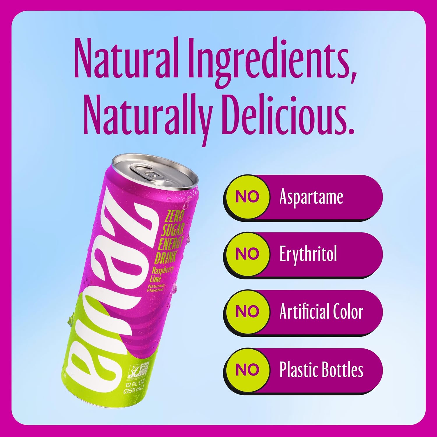 Zevia Zero Sugar Energy Drink, Raspberry Lime, 12 oz Cans (12-Pack) – Naturally Sweetened, Zero Calorie Sugar Free Energy - Non-GMO Project Verified, Gluten-Free, Vegan