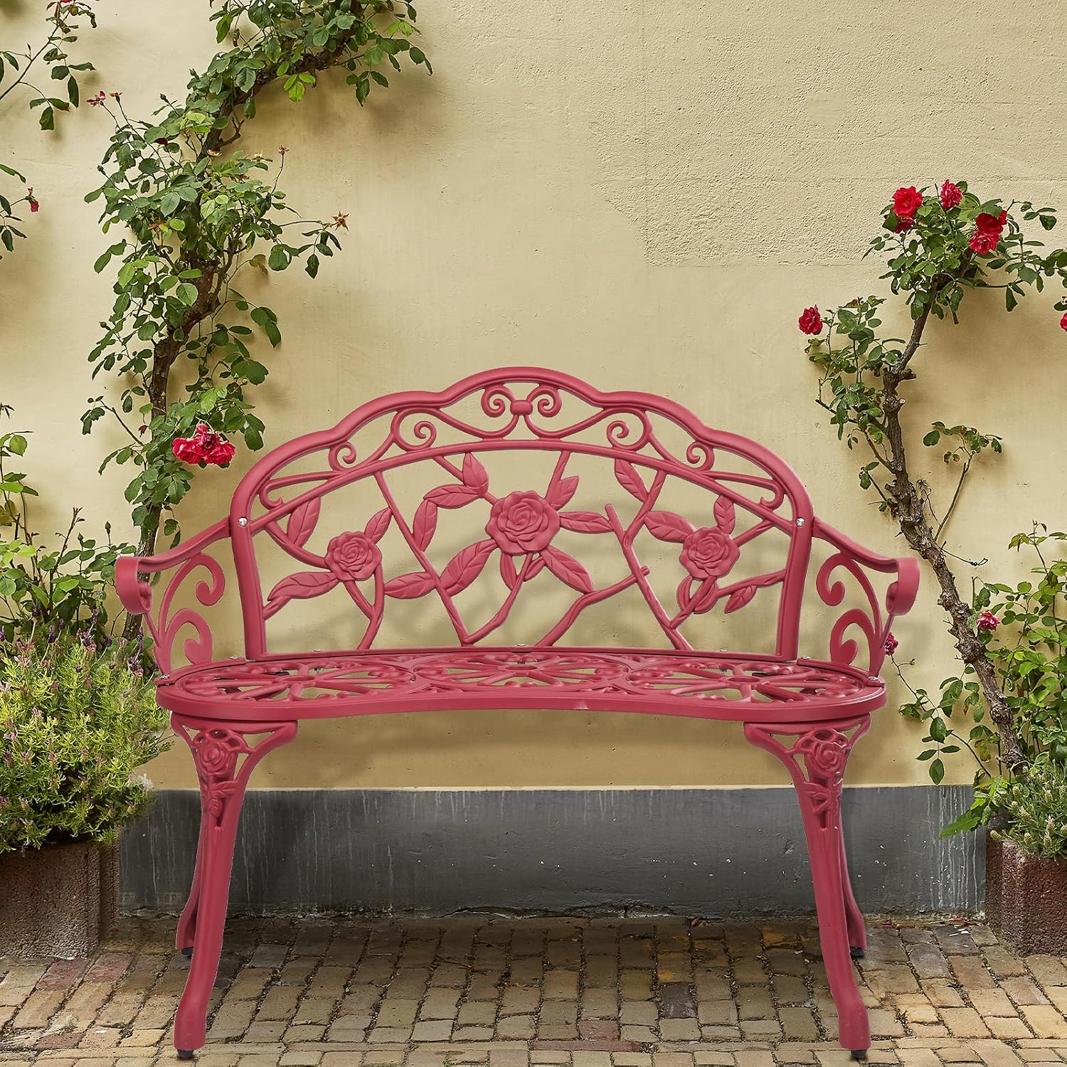 VINGLI 38.5" Patio Park Garden Outdoor Metal Rose Bench, 2-Person Cast Iron Cast Aluminium Frame Antique Finish Chair,Accented Lawn Front Porch Path Yard Decor Deck Furniture (Bronze, Rose)