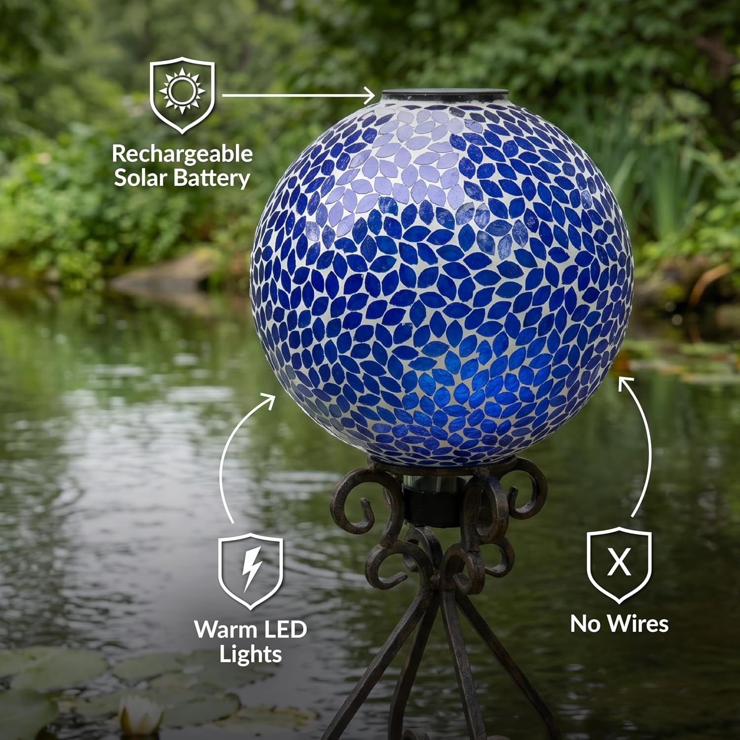 Sunnydaze Solar Gazing Ball for Garden, Mosaic Cool Blooms