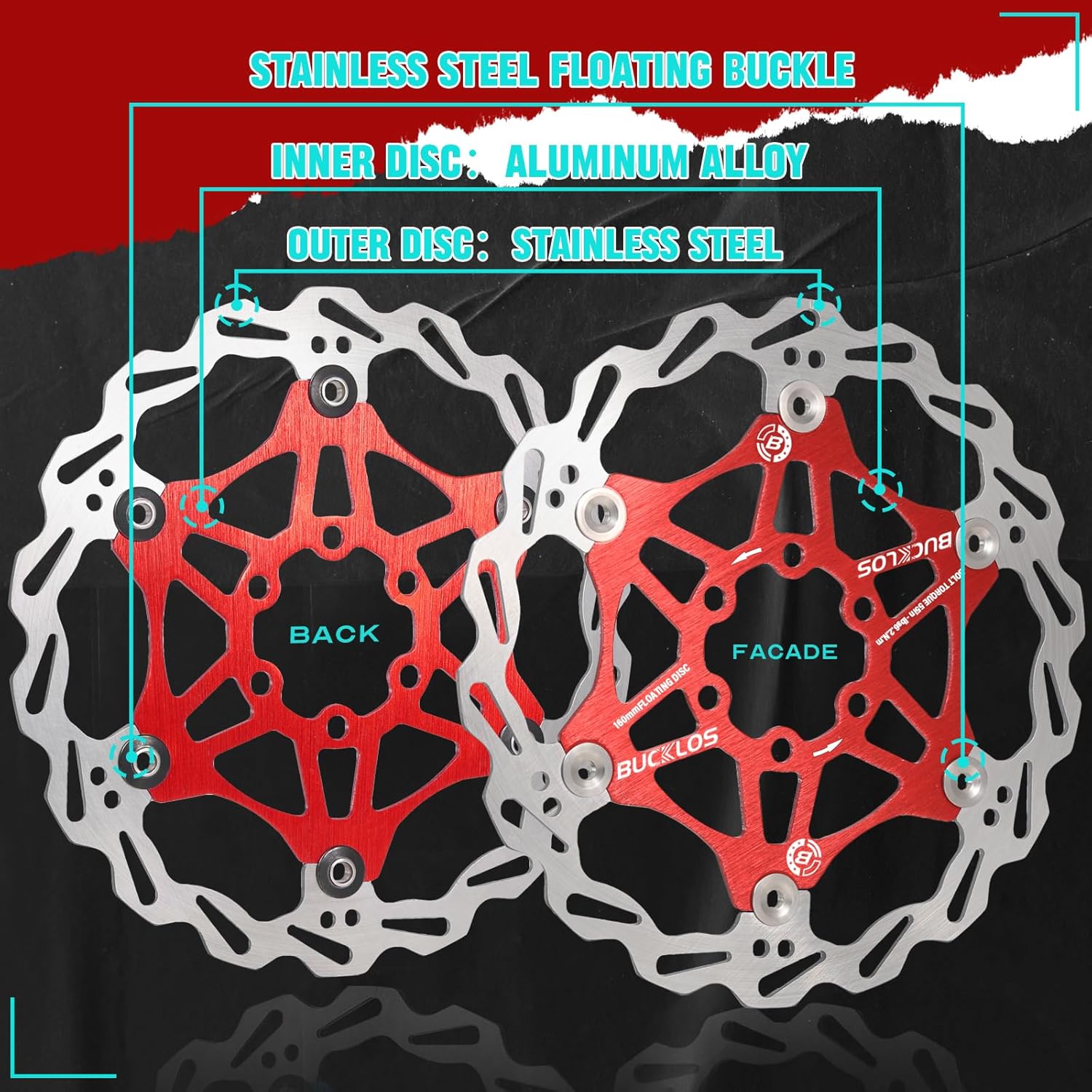 BUCKLOS 160mm 180mm 203mm Floating Disc Brake Rotor, Stainless Steel MTB Brakes Rotors with 6PC Bolts