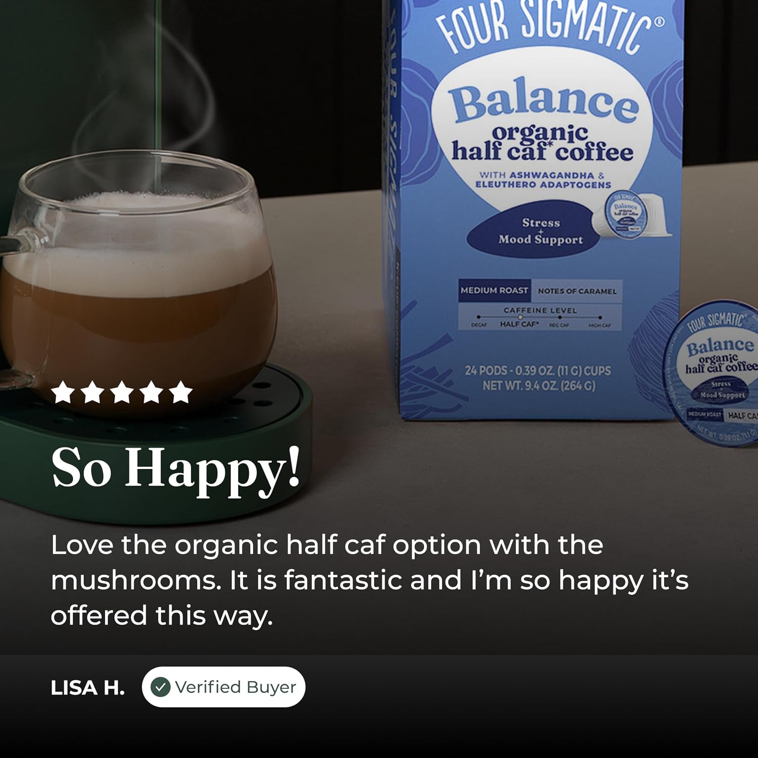 Four Sigmatic Mushroom Coffee K-Cups | Organic Dark Roast Coffee with Lion’s Mane Mushroom Powder & Yacon | Focus & Immune Support | Vegan & Keto