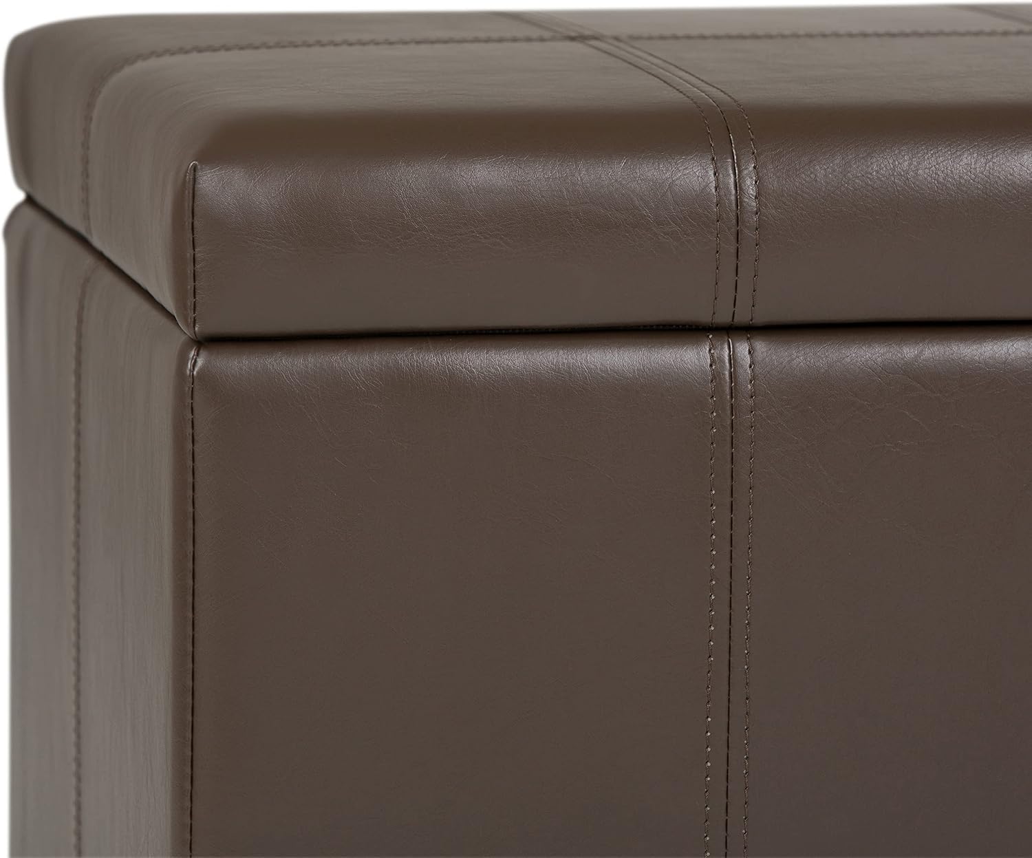 SIMPLIHOME Dover 36" Wide Vegan Leather Storage Ottoman in Midnight Black | Distressed umber brown, contemporary ottoman with lift-top and safety hinges; rectangle storage bench for living room.