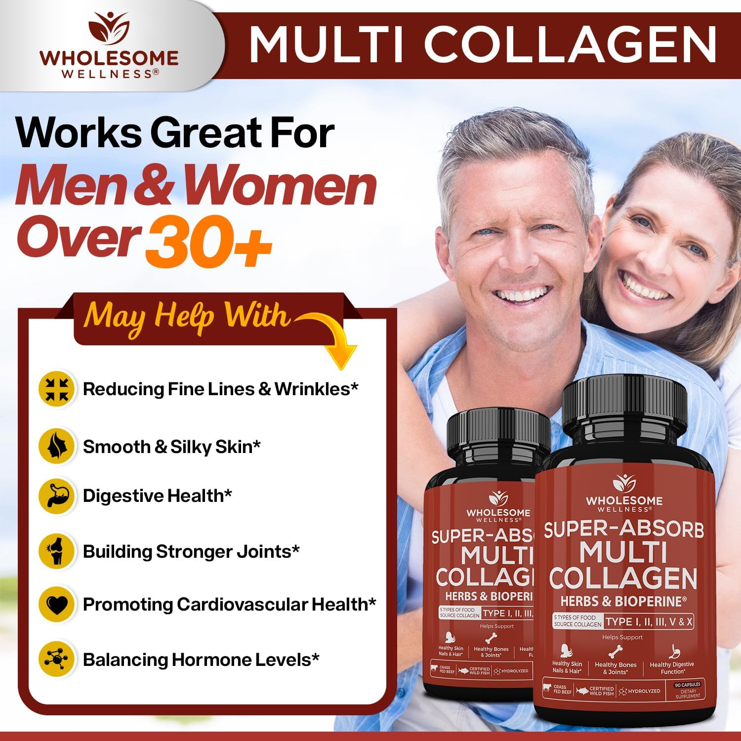 Wholesome Wellness Super-Absorb Multi Collagen Pills (Type I II III V X) Organic Herbs & Bioperine - Hair, Skin