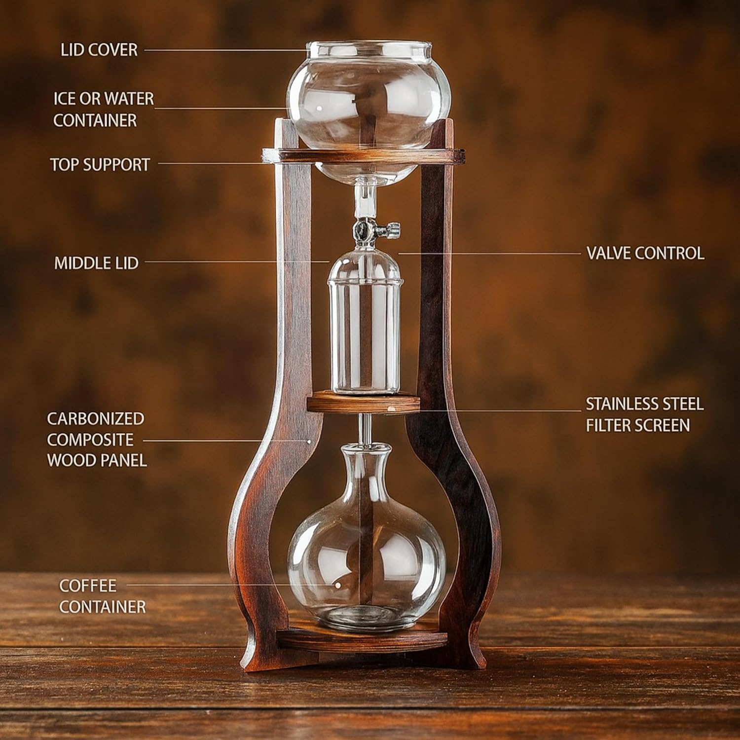 Nispira Iced Coffee Cold Brew Drip Tower Coffee Maker, 6–8 Cup Manual Cold Brew Brewer with Adjustable Valve, Wooden Frame & Glassware, Slow Cold Extraction System