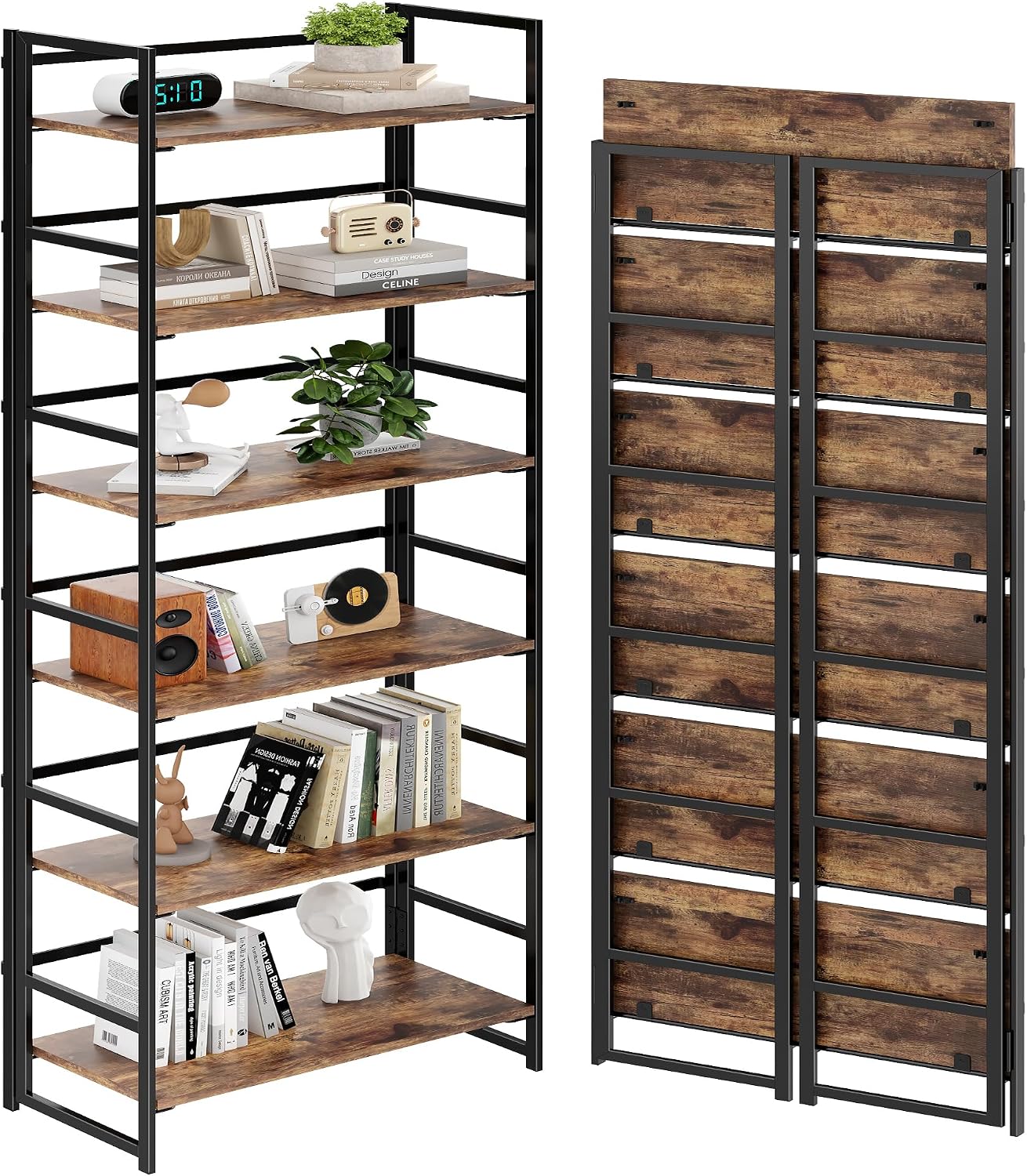 Vintage Multifunctional Folding Bookshelf, No-Assembly Plant Stand Storage Rack Shelves for Home Office (Fire, 5-Tier)